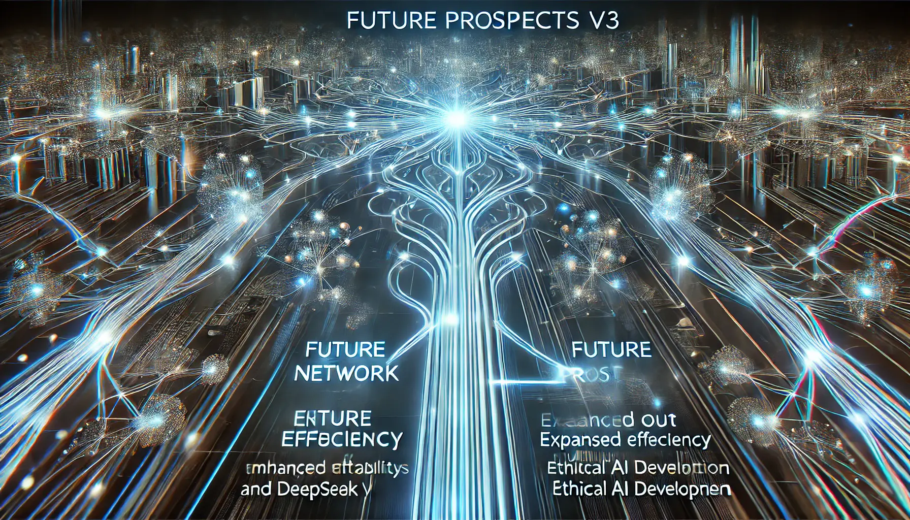 A high-tech visualization of the future prospects and research directions for DeepSeek v3, showing an evolving neural network with pathways representing growth in AI research.