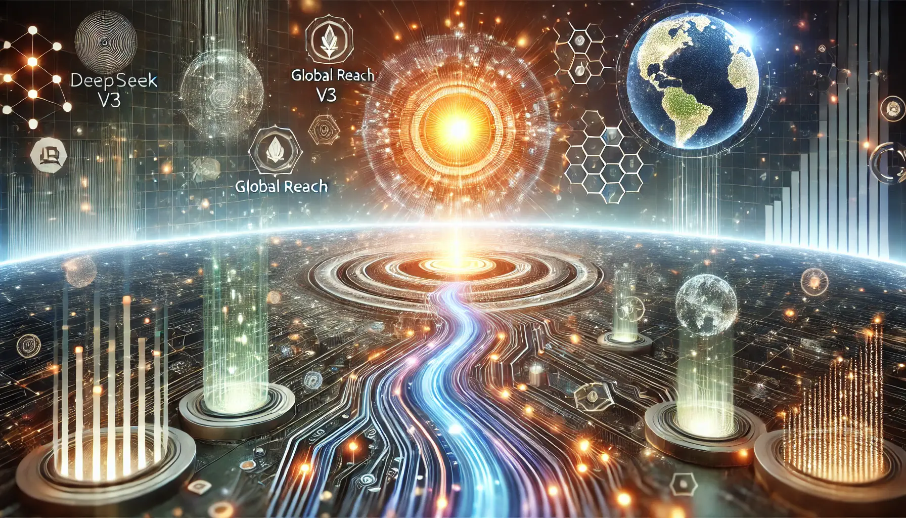 A futuristic visualization showing a glowing AI core surrounded by bright pathways symbolizing growth and opportunities, with a digital landscape representing global reach and technological advancements.