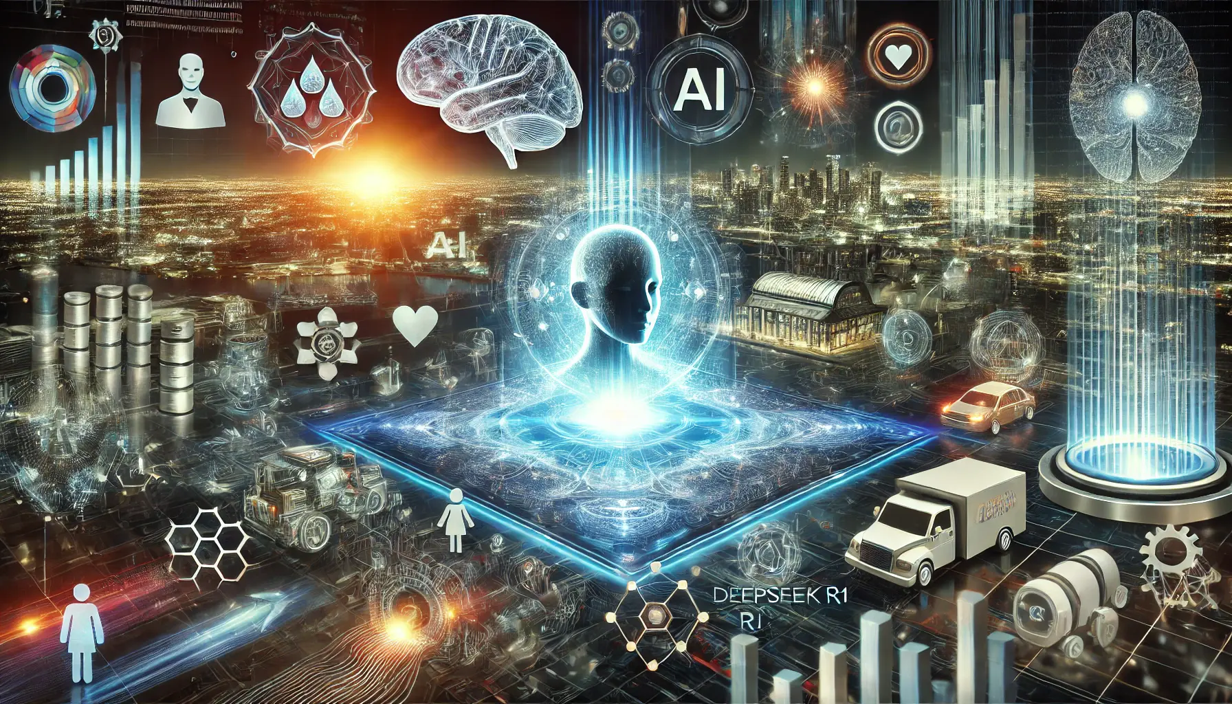 A futuristic digital landscape representing the future prospects of DeepSeek R1 in AI advancement. The image features a glowing AI model surrounded by advanced technological elements, including neural networks, data streams, and futuristic devices symbolizing the potential for further development. In the background, holographic representations of various industries, such as healthcare, automotive, and software, highlight the broad applications of DeepSeek R1. The scene conveys the future impact and ongoing evolution of AI technology.