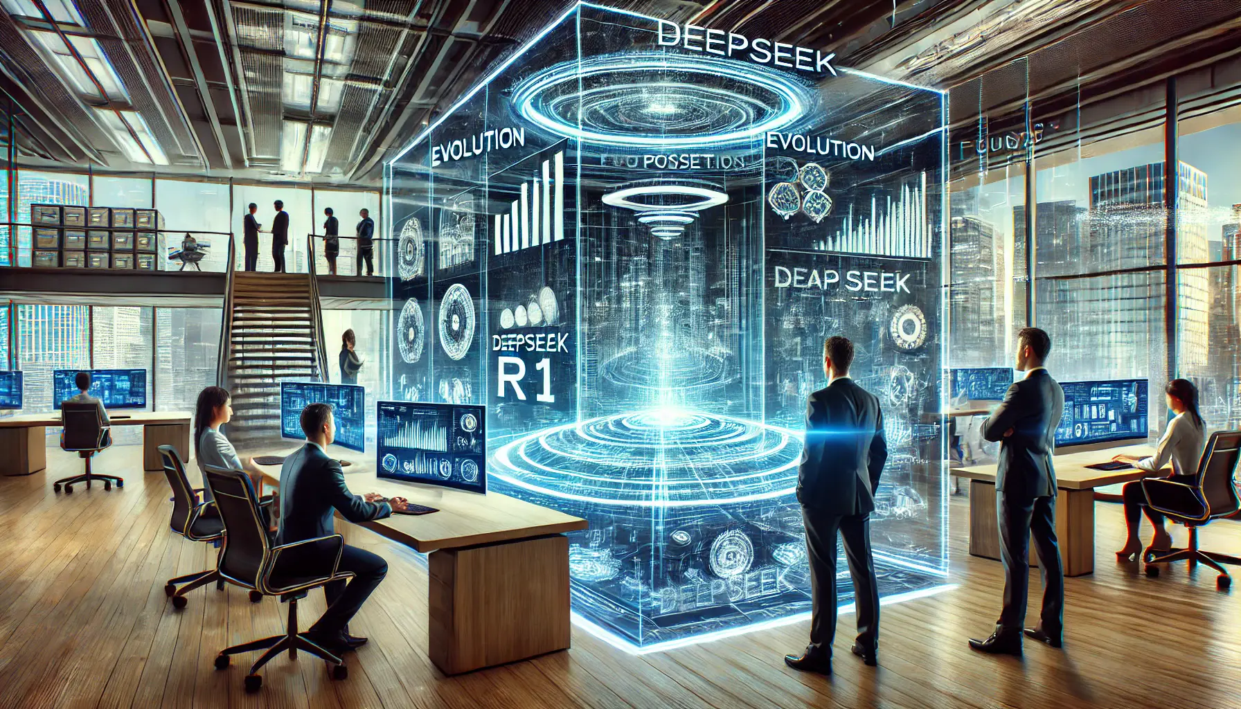 Futuristic office environment with professionals analyzing advanced holographic displays showcasing the future of AI-driven automation.