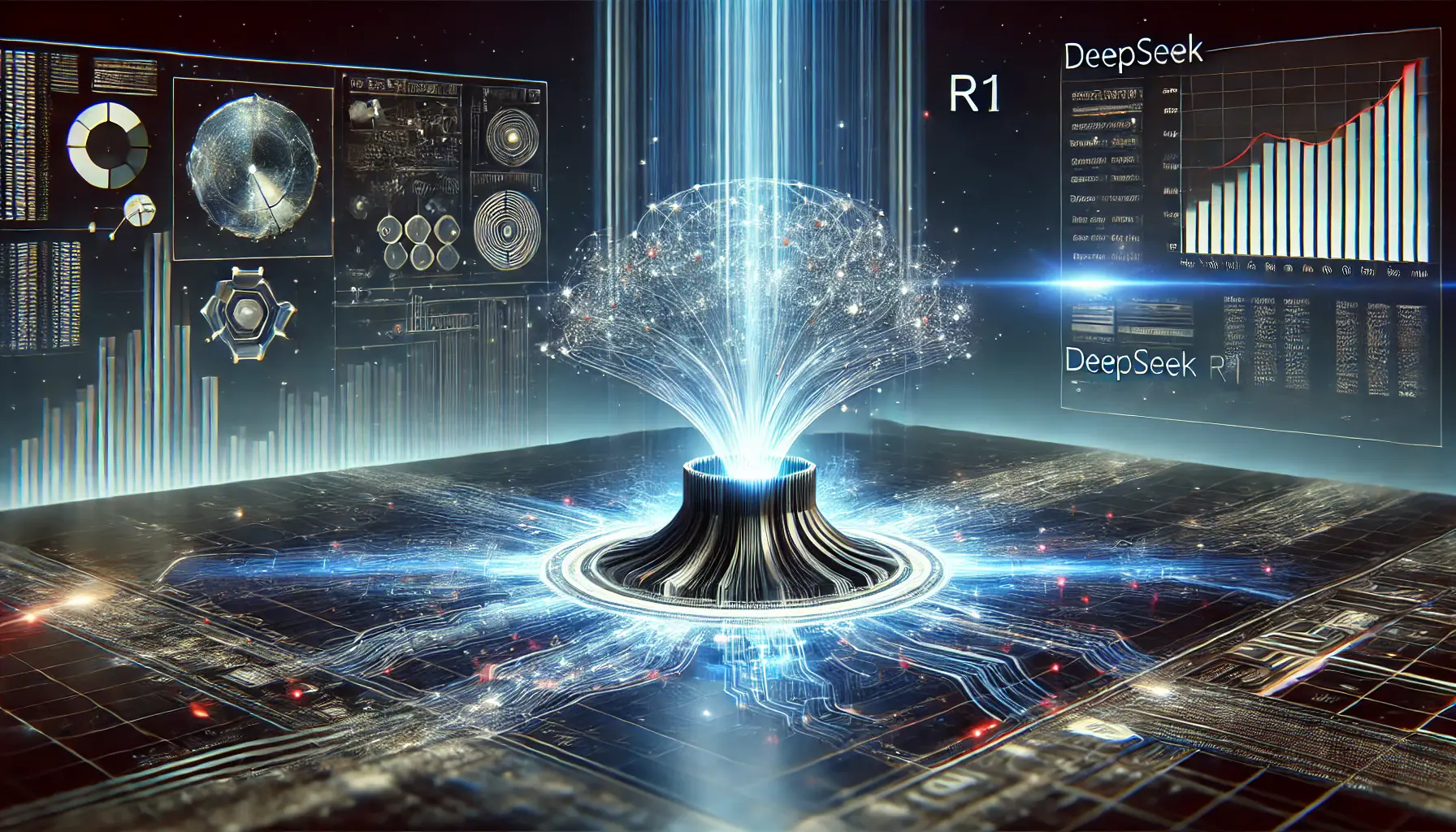 A futuristic visualization depicting the future growth of DeepSeek R1 in predictive analytics, with evolving neural networks and advanced AI models.