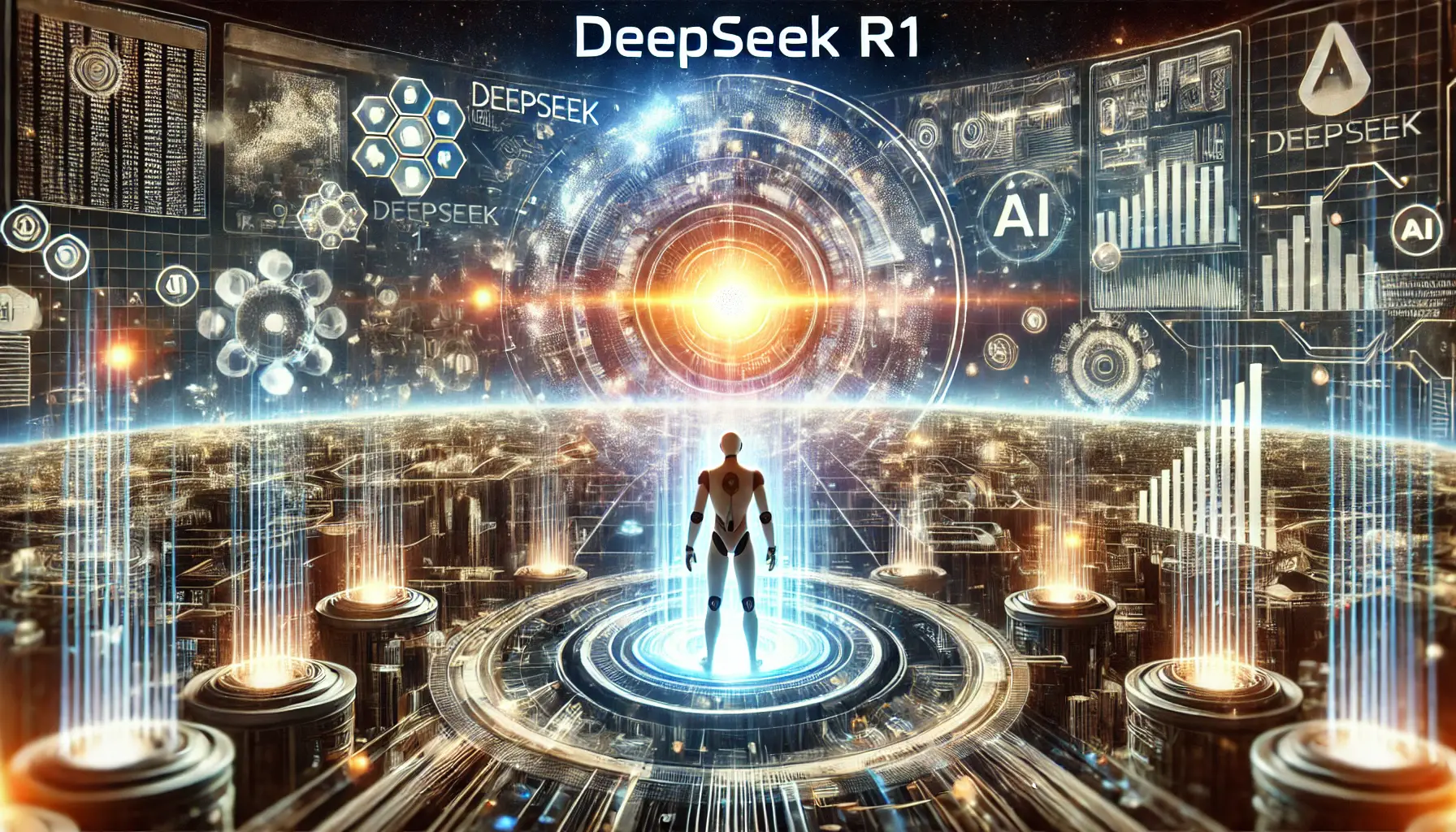 A futuristic vision showcasing DeepSeek R1's potential growth and expansion into various industries.