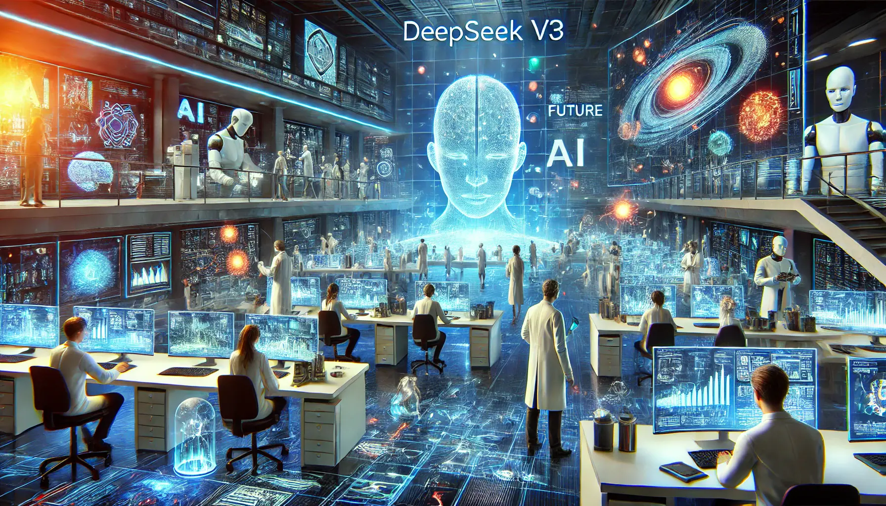 Researchers exploring the future of DeepSeek v3 in a futuristic AI research facility, with holographic displays and advanced AI models.