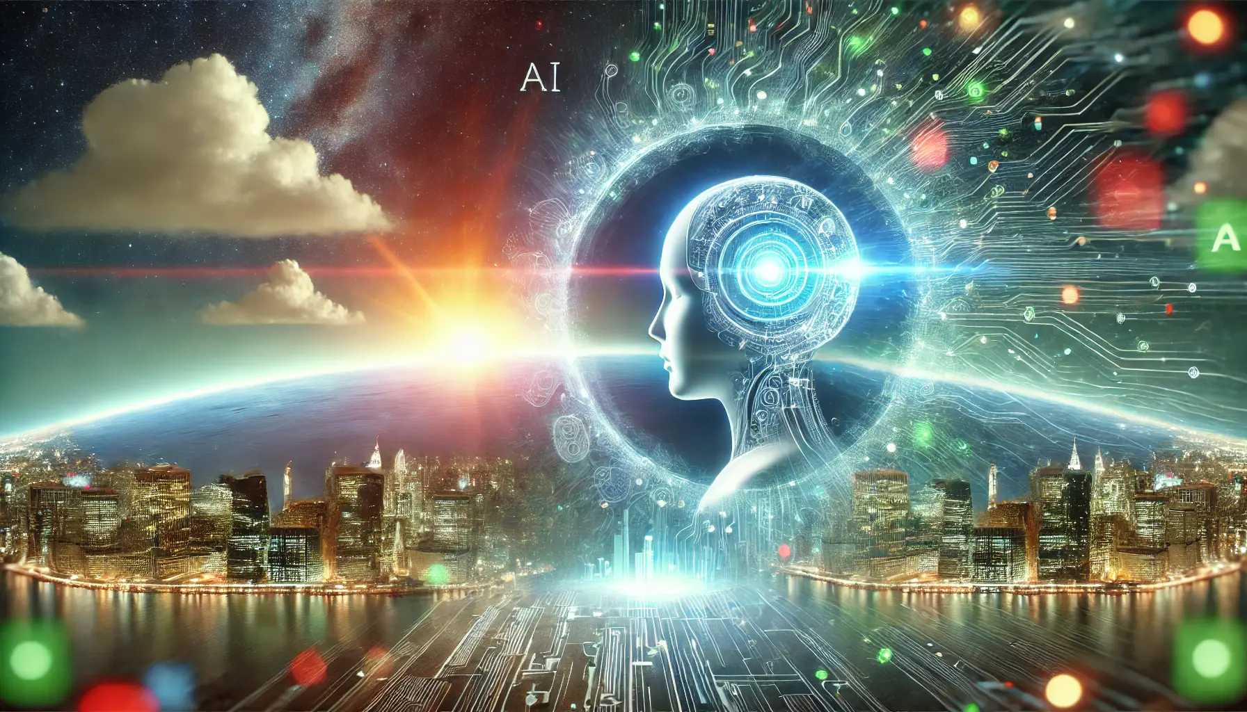 A futuristic AI model glowing with digital energy, processing data in front of a bright horizon and a modern cityscape, symbolizing the future potential of AI.