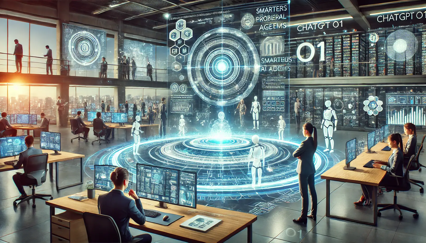 A futuristic office environment with professionals working on advanced ChatGPT o1 technology, featuring holographic data projections, AI interfaces, and neural networks.