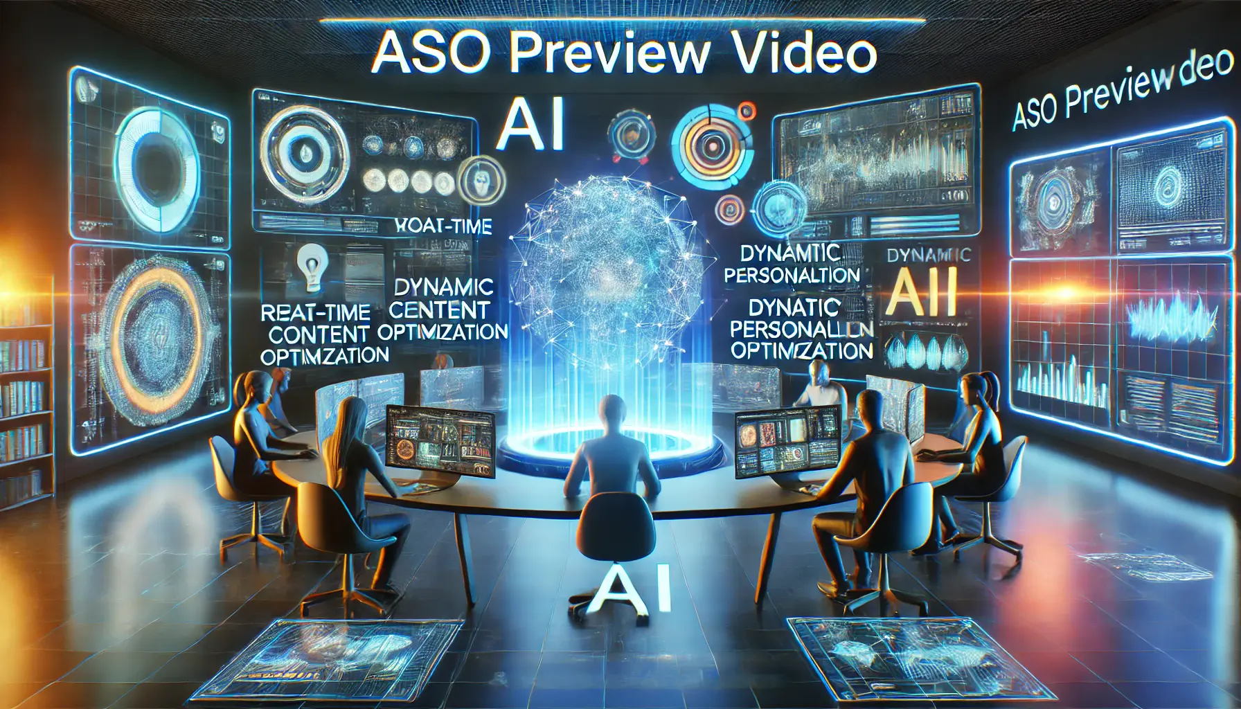 A futuristic digital workspace showcasing emerging AI trends for ASO preview video production, including predictive analytics and real-time content optimization.