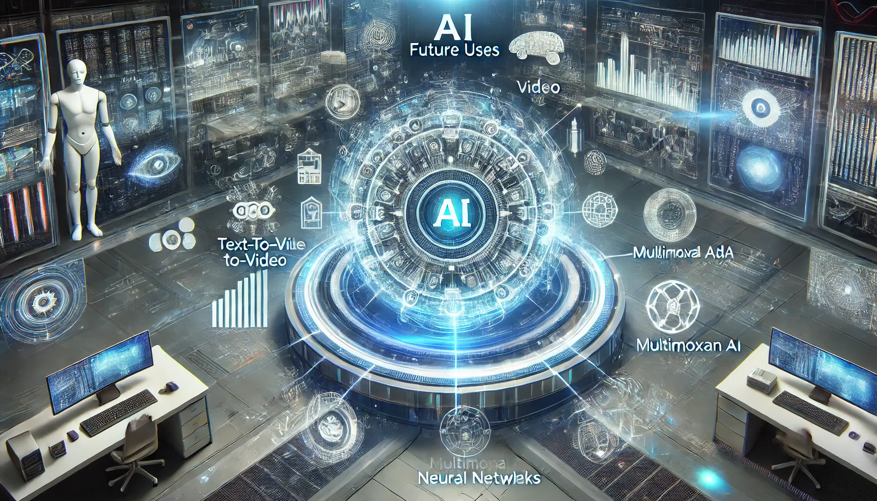 A futuristic visualization of Qwen's evolution, showcasing emerging technologies like text-to-video models and multimodal AI.