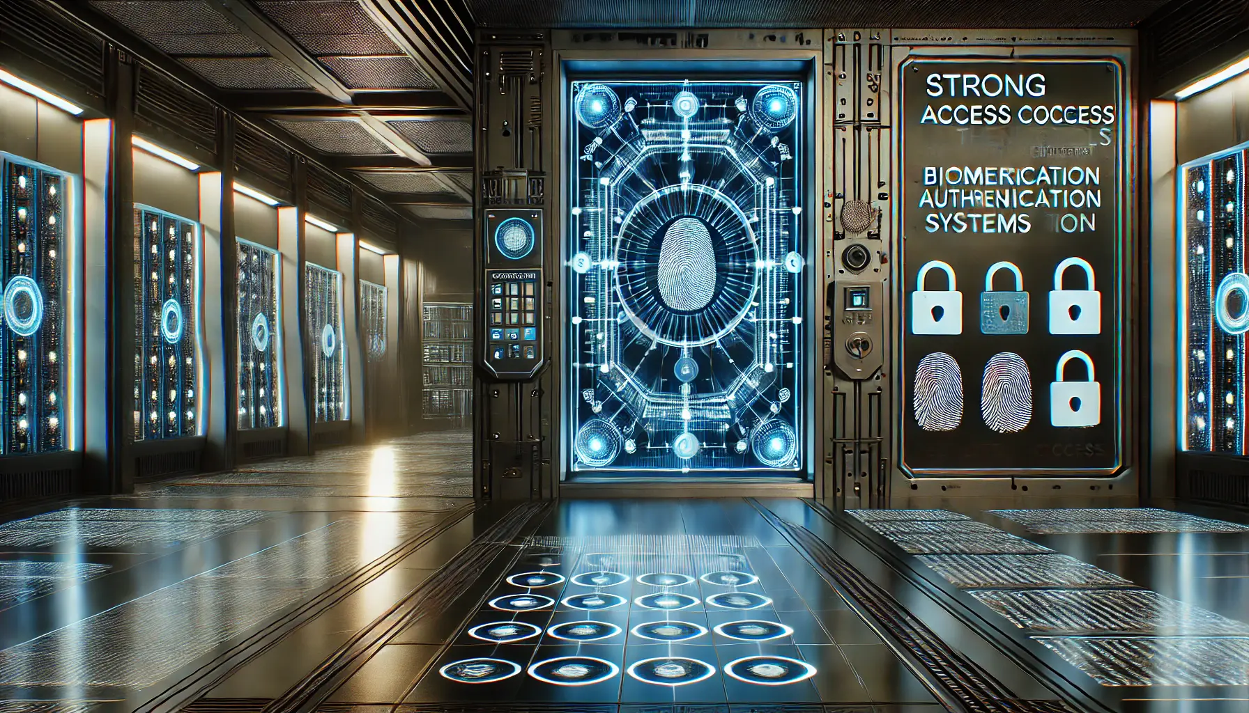 A futuristic security control panel emphasizing strong access controls with biometric authentication, fingerprint scanning, and digital access locks.