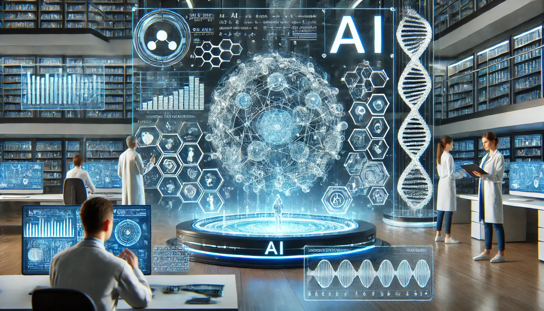 A high-tech AI-powered laboratory with researchers analyzing complex scientific data, molecular structures, and equations on a holographic display.