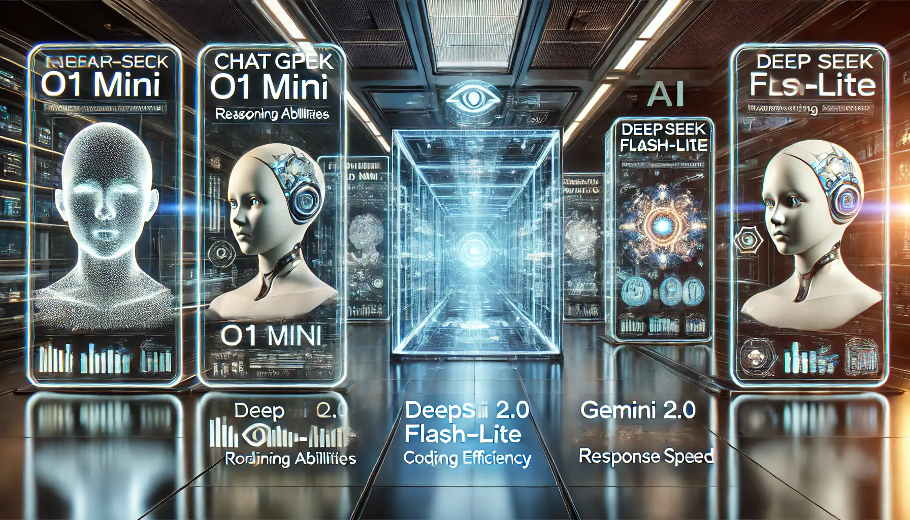 A high-tech AI benchmarking lab with multiple holographic screens comparing the performance of AI models, including reasoning abilities, coding efficiency, and response speed.