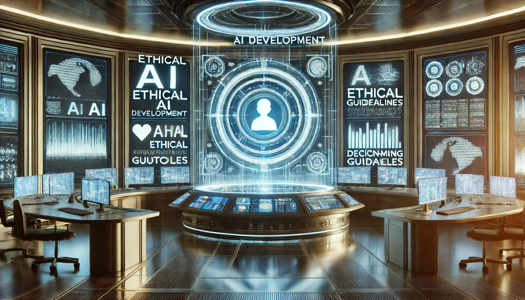 A high-tech AI control room with holographic screens displaying ethical AI safety protocols and guidelines.