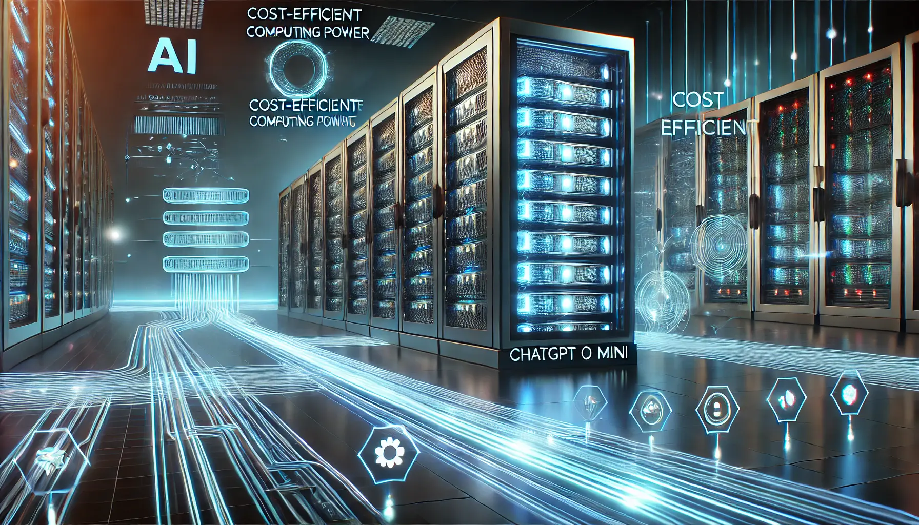 A futuristic AI data center with glowing server racks and digital energy waves flowing between interconnected AI processors, symbolizing optimization and cost efficiency.