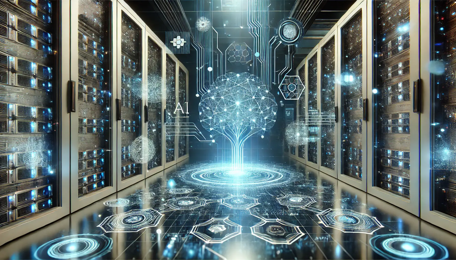 A high-tech AI-powered data center with glowing servers and holographic neural network visualizations.