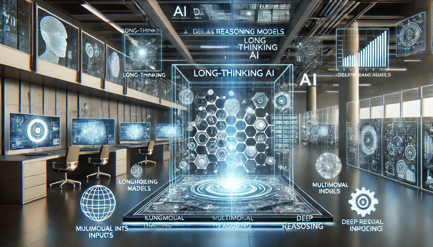 A high-tech AI development lab with holographic projections of evolving AI models, including long-thinking AI, multimodal inputs, and deep reasoning processes.