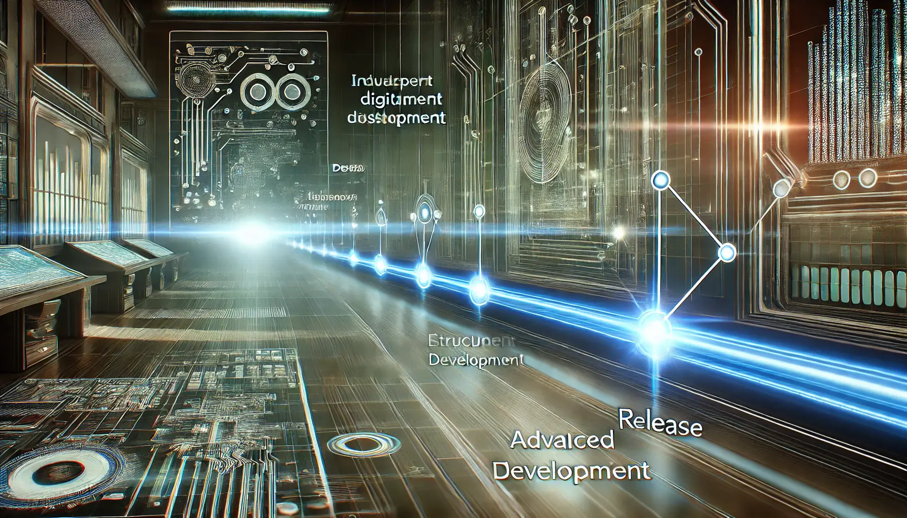 A futuristic timeline visualization showcasing the development and release of an advanced AI model with glowing digital nodes and a high-tech progression bar.