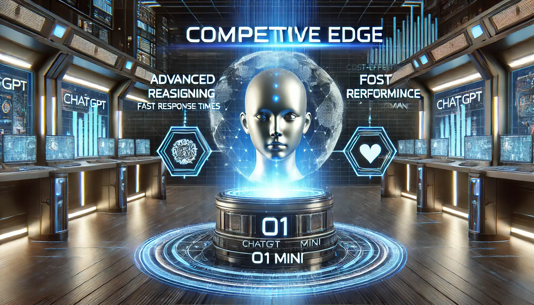 A high-tech AI interface comparing ChatGPT o1 mini with its competitors, showcasing strengths in advanced reasoning, fast response times, and cost-effectiveness.