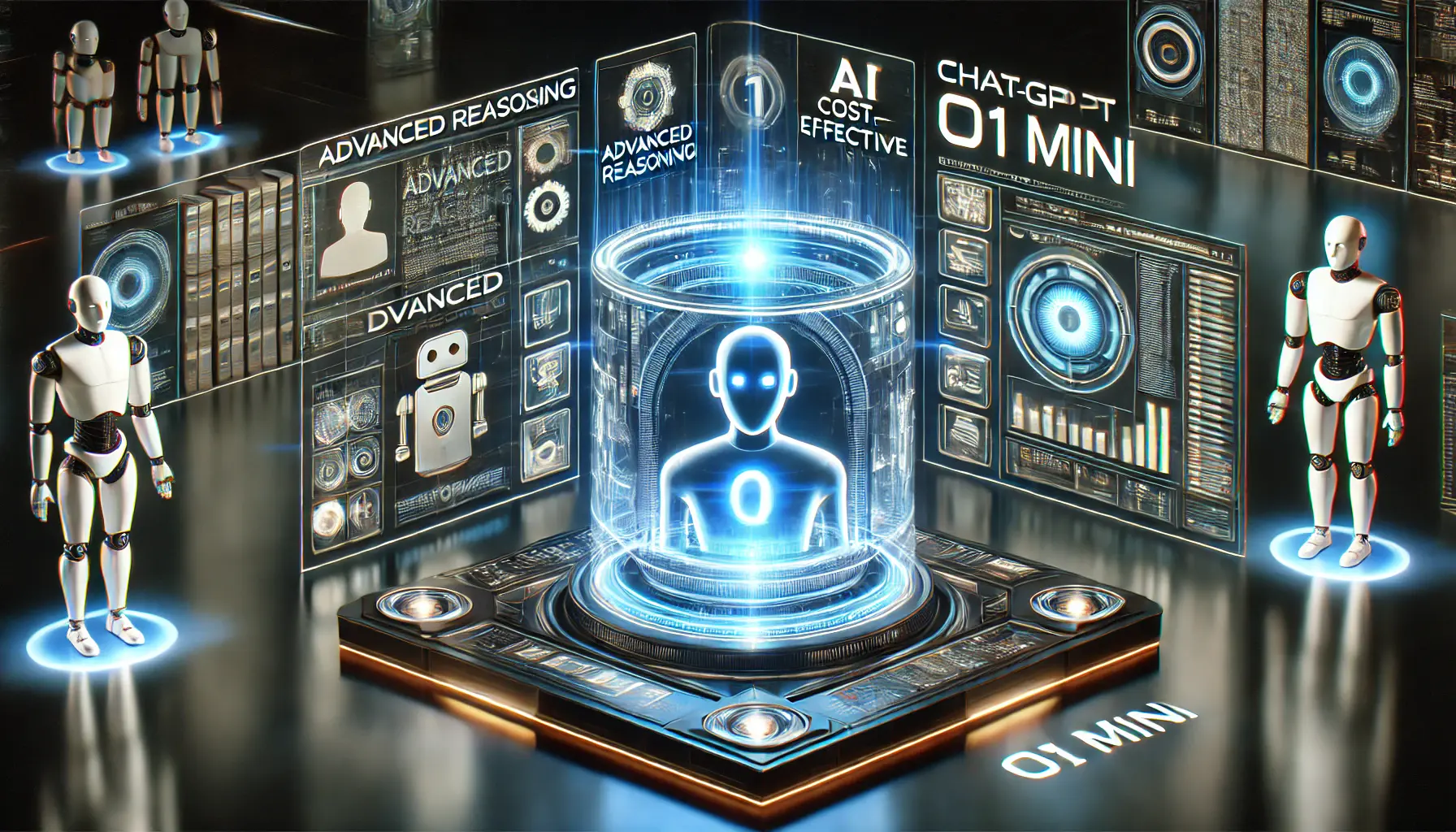 A high-tech AI environment with a central ChatGPT o1 mini interface, showcasing its strengths such as advanced reasoning, cost-effectiveness, and optimized performance.