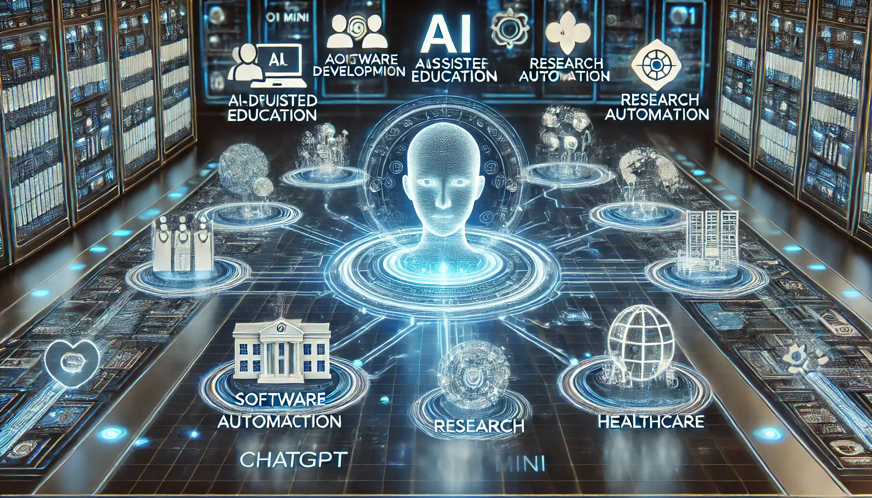 A high-tech AI-powered environment with multiple holographic displays representing AI-assisted education, software development, business automation, research support, and healthcare.