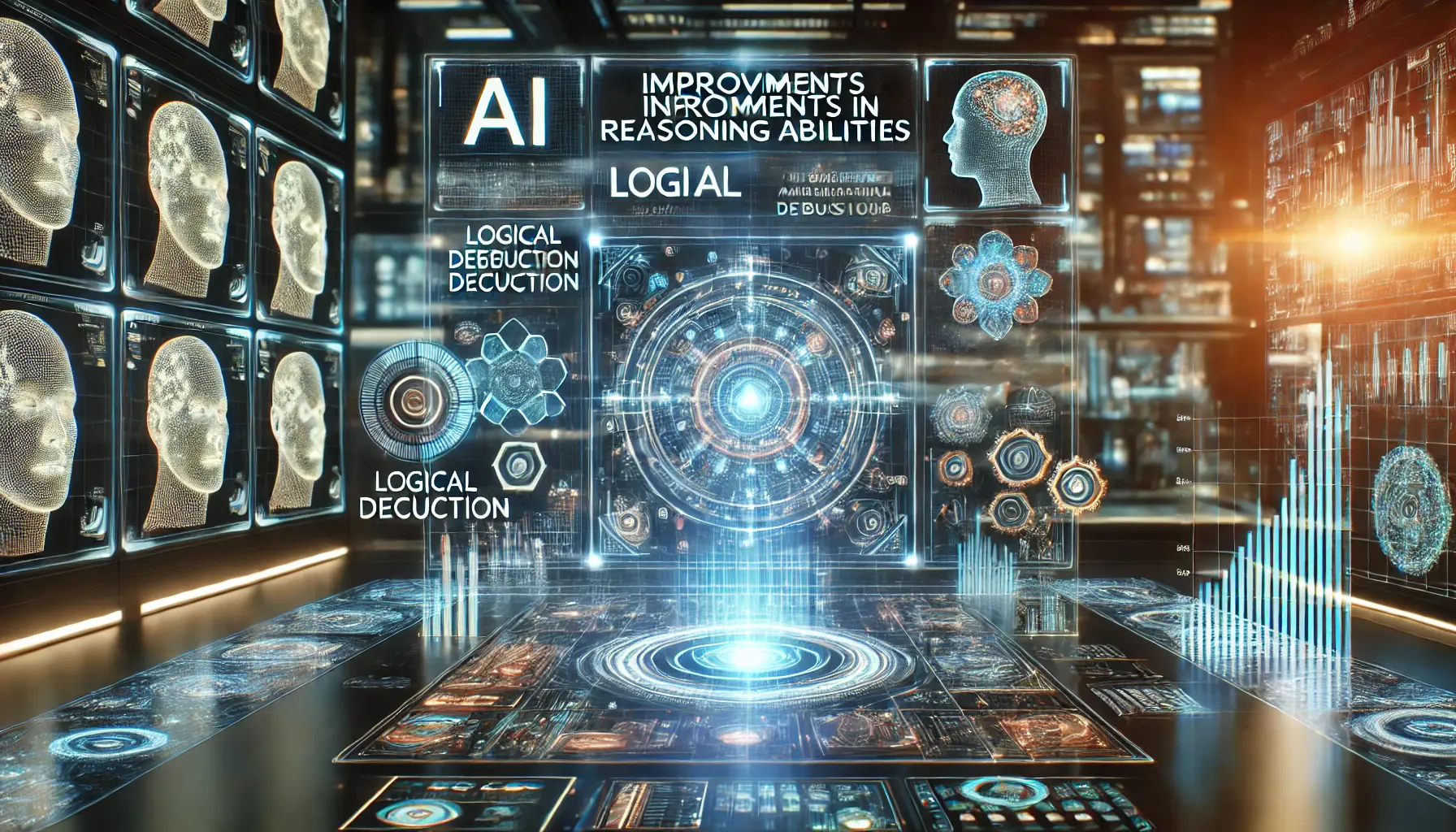 A high-tech AI environment with holographic projections of complex problem-solving tasks, logical deduction, and advanced AI algorithms.