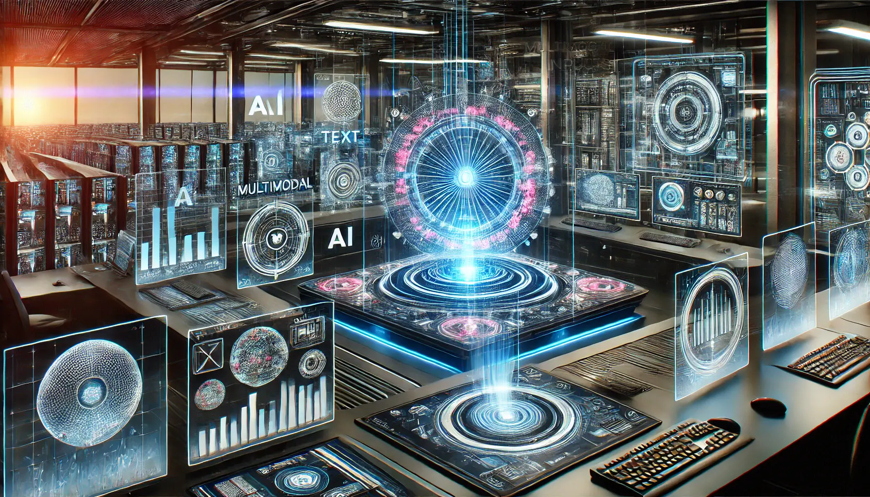 A high-tech AI workspace with holographic interfaces processing various types of data such as text, images, video, and audio.