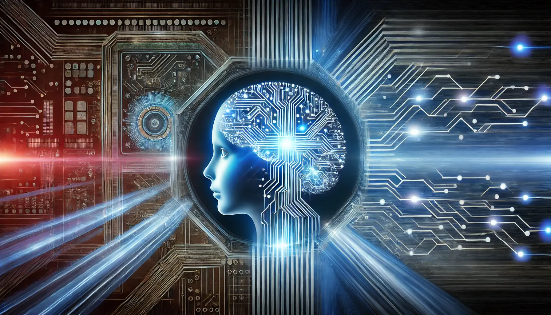 A high-tech neural network with glowing blue circuits and a sleek digital interface, representing the rapid evolution of artificial intelligence.