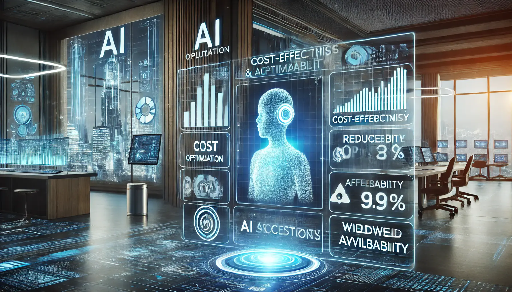 A high-tech AI-powered financial dashboard with holographic displays showcasing AI cost optimization, affordability metrics, and accessibility indicators.