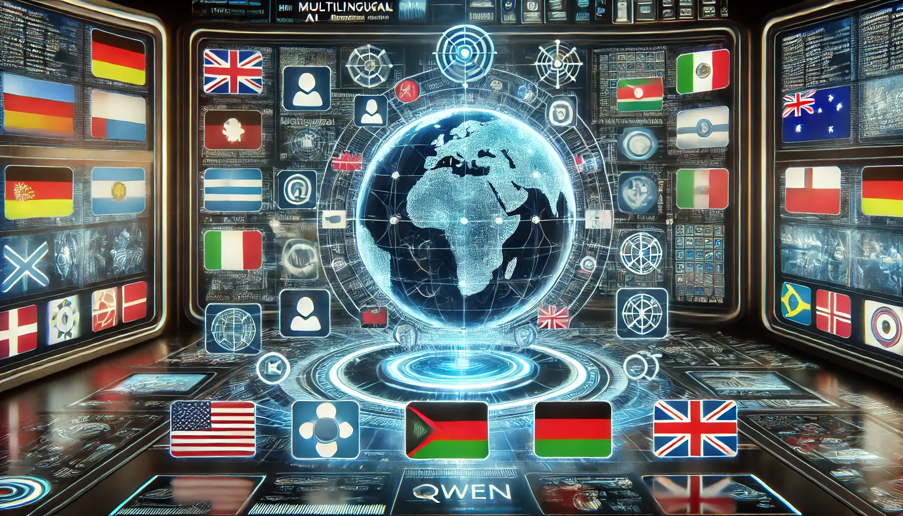 A high-tech digital control room with holographic interfaces displaying multiple languages, each represented by flags or icons, symbolizing the global multilingual capabilities of Qwen.