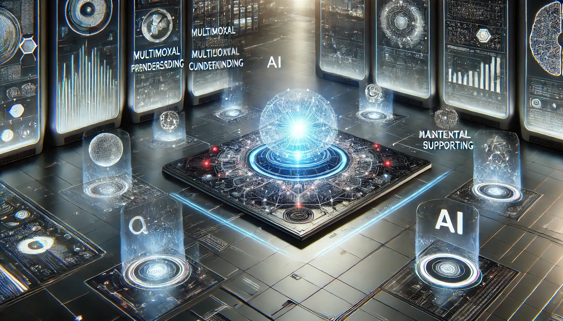 A high-tech AI hub with a glowing AI core at the center, surrounded by holographic panels representing multimodal processing, contextual understanding, multilingual support, and advanced reasoning.