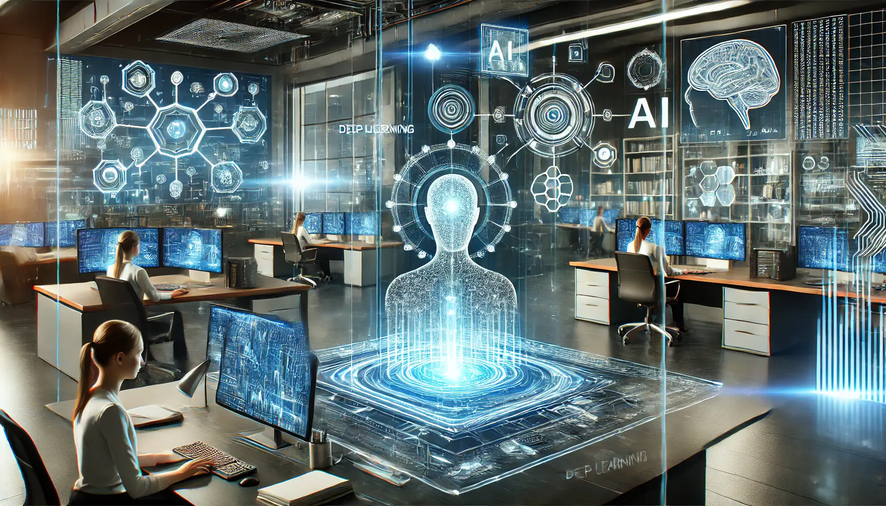 A futuristic digital workspace with an AI-powered system seamlessly integrating into various technological environments, featuring holographic interfaces, data streams, and automation processes.