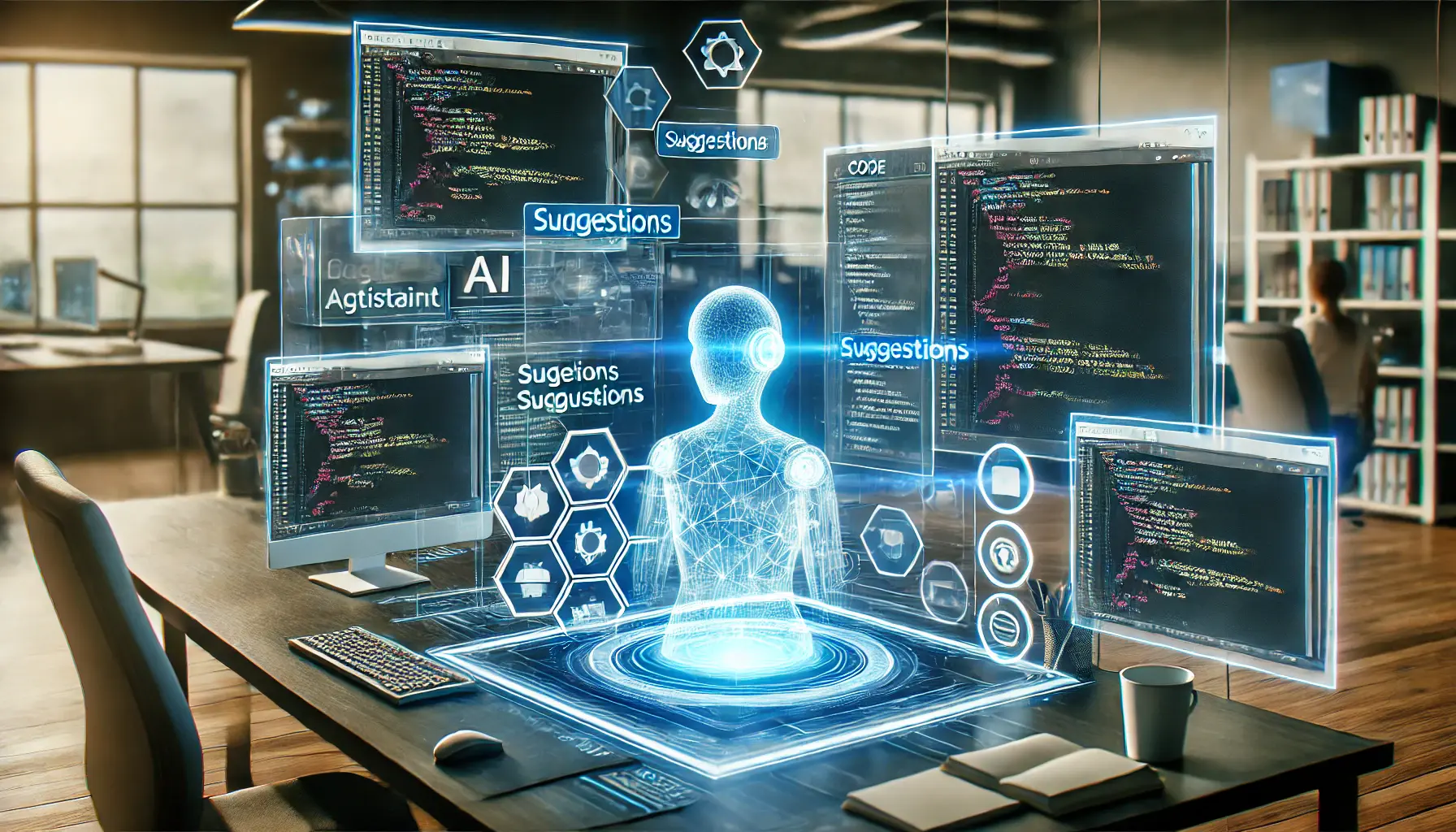 A futuristic coding workspace showing AI integration in multiple development environments with real-time code generation and suggestions.