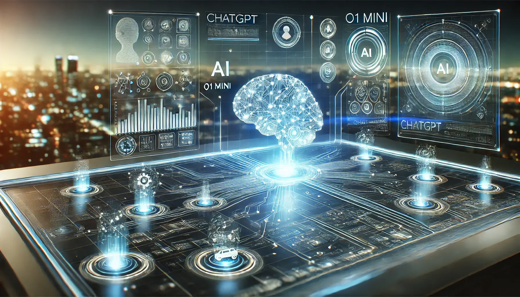 A high-tech digital interface symbolizing ChatGPT o1 mini integration, featuring holographic AI elements and data visualizations.