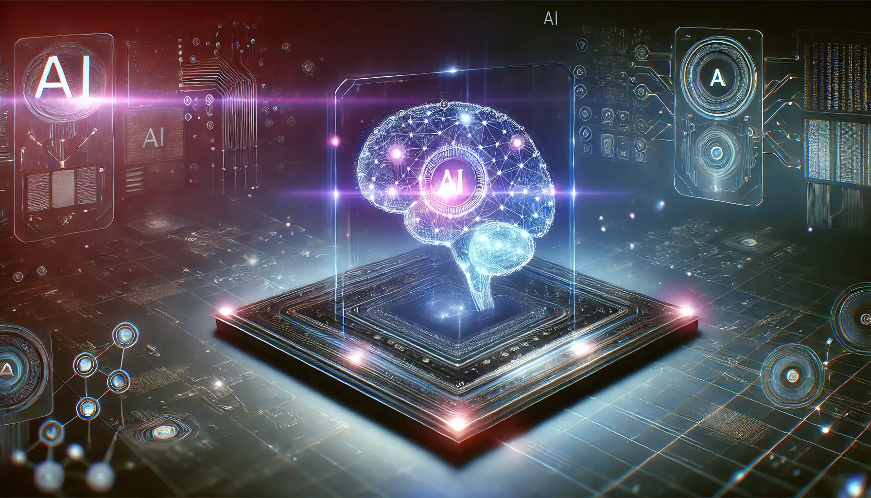 A glowing neural network represented as a holographic AI interface with a deep blue and purple color scheme, set against an abstract technological background.