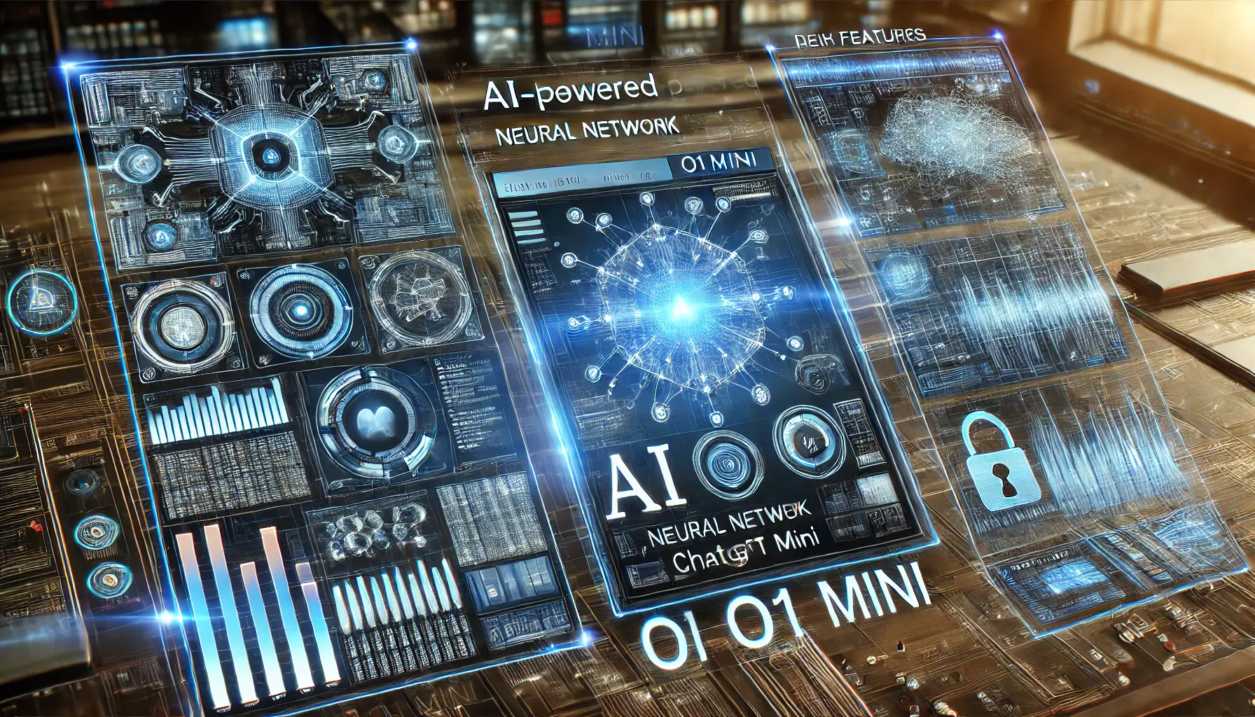 A high-tech AI-powered digital interface with holographic panels displaying data analytics, neural network diagrams, and computational structures.