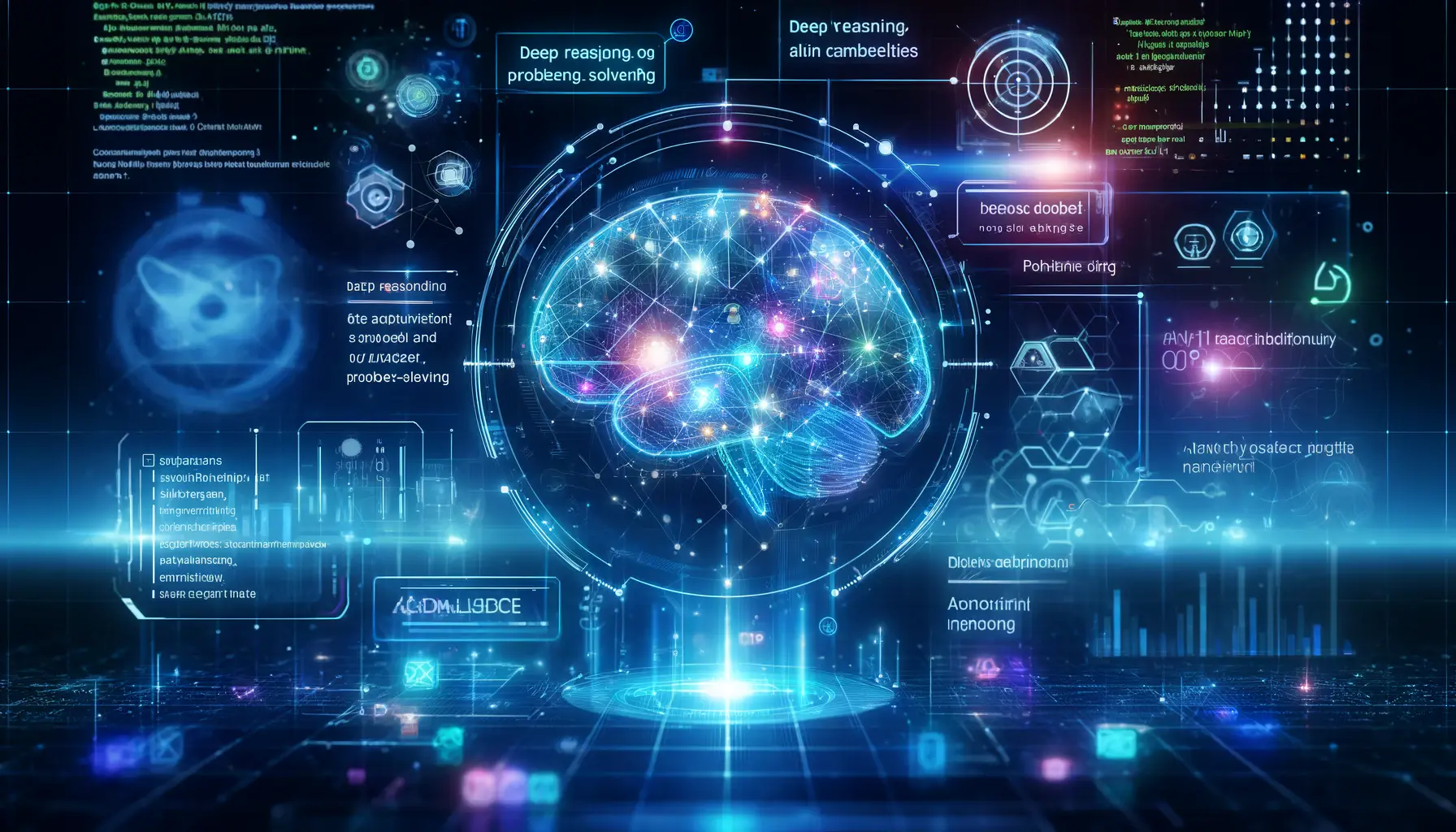 A digital representation of a futuristic AI system featuring a glowing brain with interconnected nodes and floating holographic screens displaying coding symbols and mathematical equations.