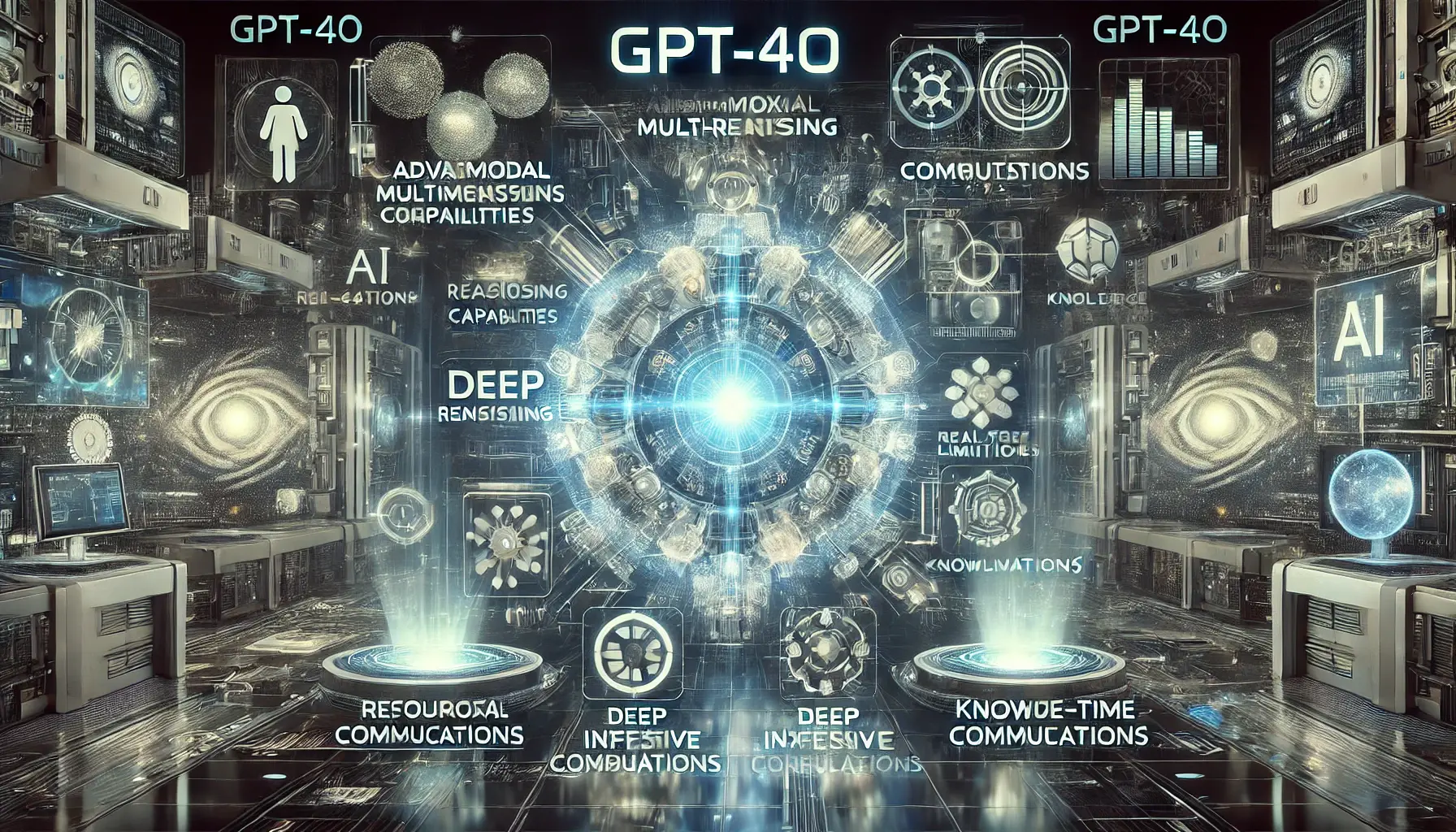 A high-tech AI-powered interface with holographic displays showcasing GPT-4o’s multimodal capabilities, deep reasoning, and real-time processing, alongside challenges like resource-intensive computations and knowledge limitations.