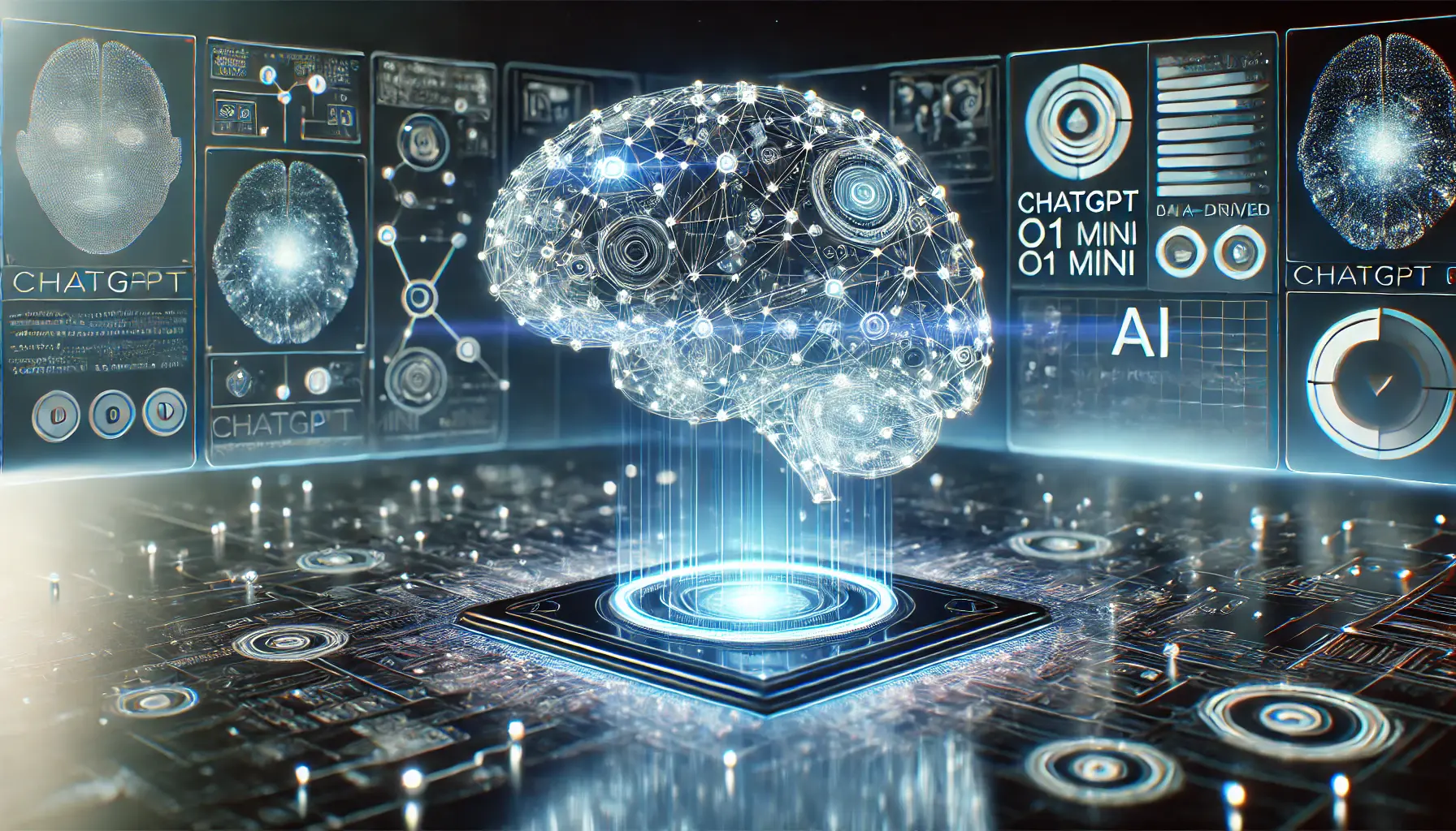 A glowing digital brain connected to a network of holographic nodes and circuits, representing ChatGPT o1 Mini’s advanced reasoning and computational capabilities.