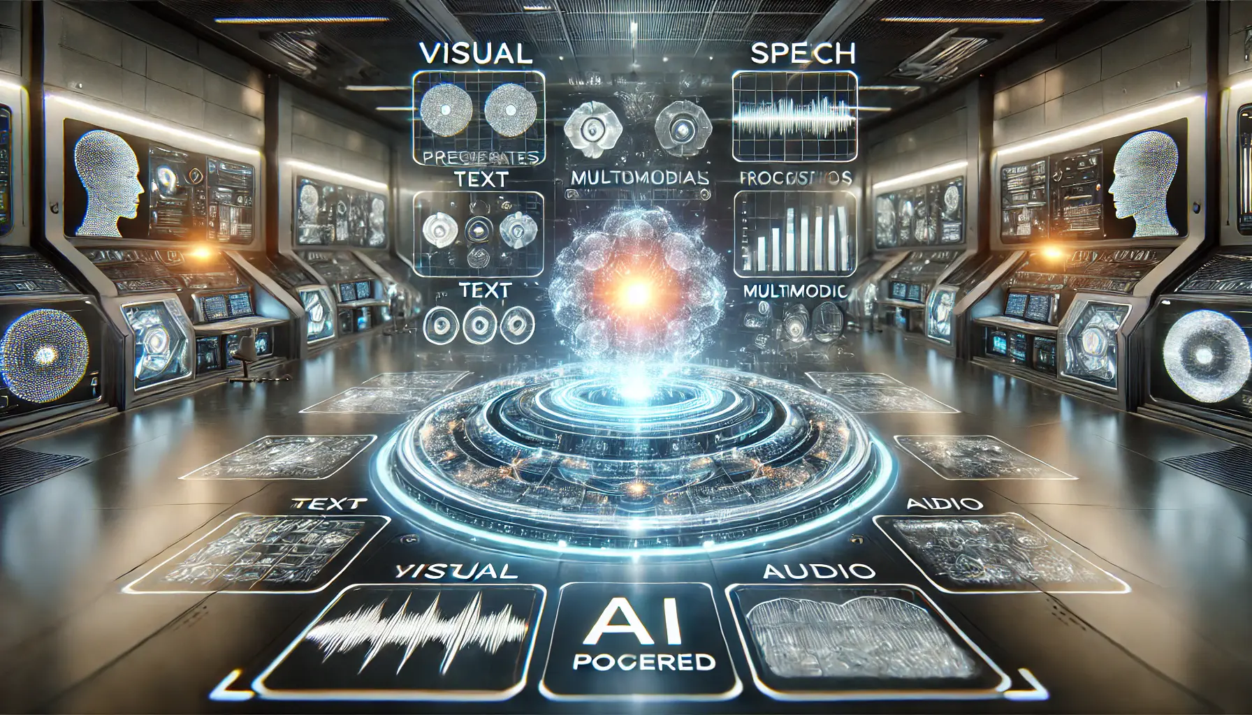 A high-tech AI interface with a glowing AI core surrounded by holographic panels displaying visual data, speech waveforms, and dynamic text interactions, representing Qwen’s multimodal processing.