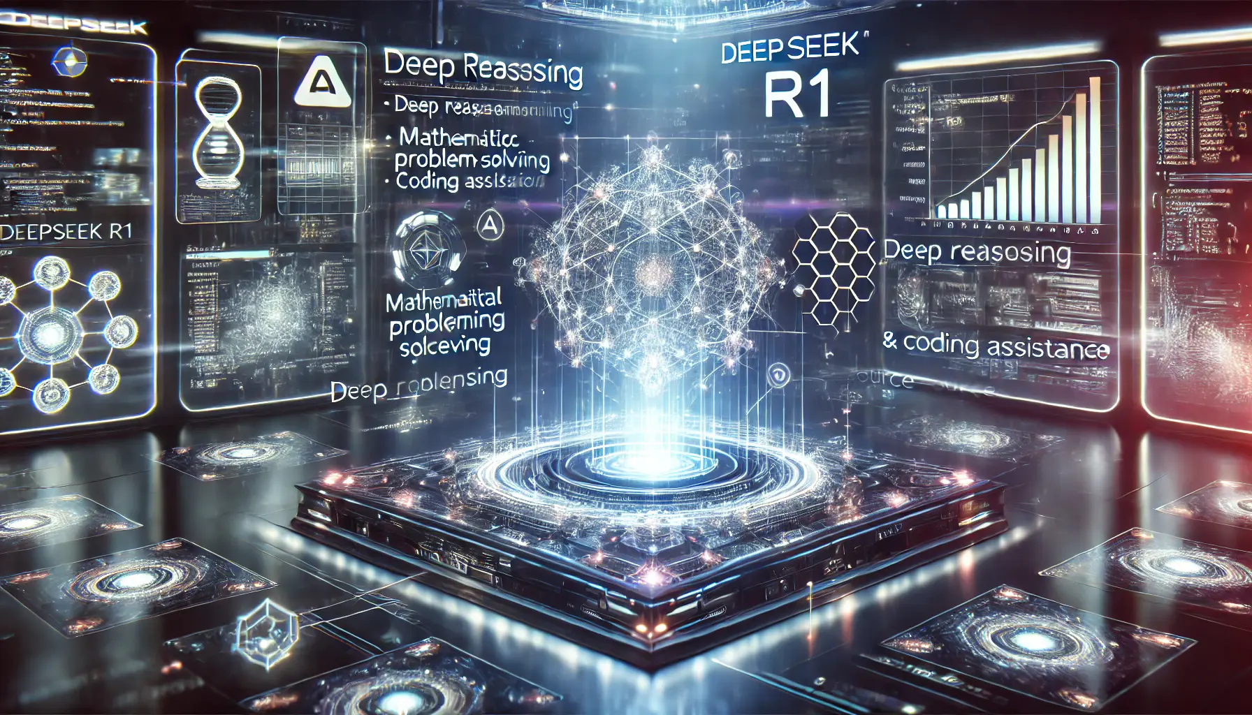 A high-tech AI-powered research lab with holographic projections of deep reasoning processes, mathematical problem-solving, and coding assistance, representing DeepSeek R1.