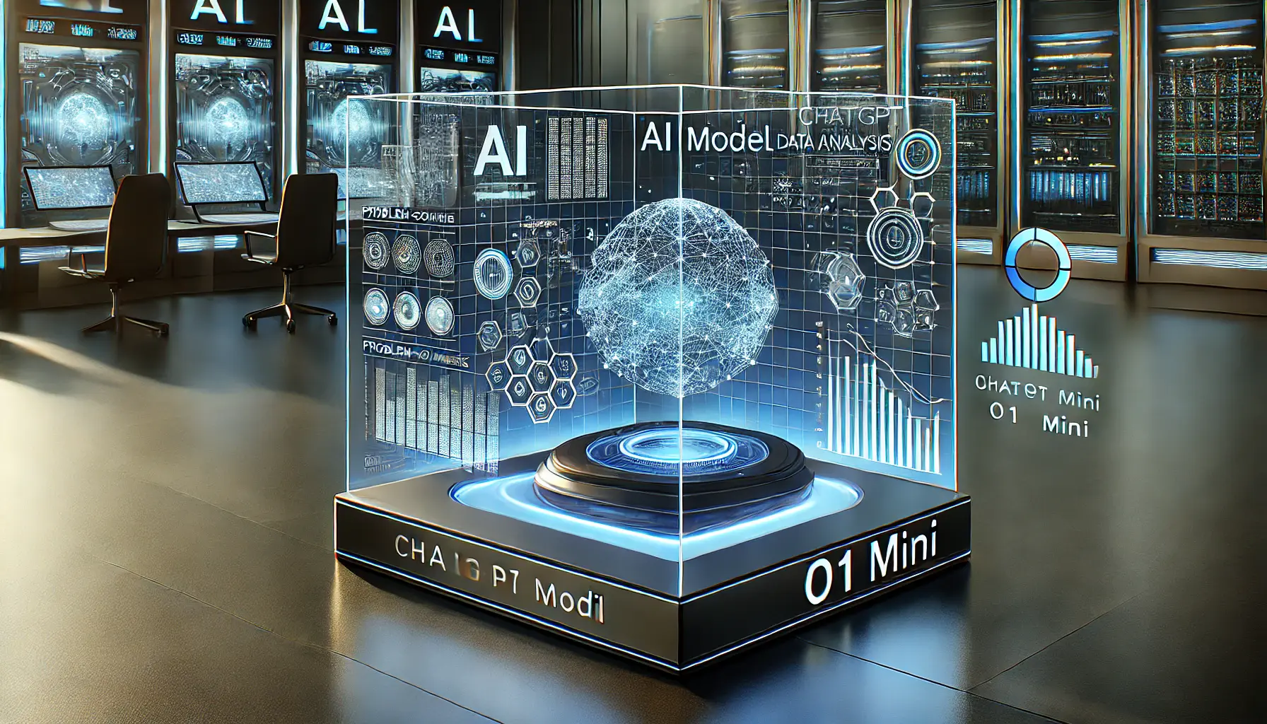 A sleek, futuristic AI model interface displayed on a high-tech screen, showcasing AI-driven data analysis, problem-solving algorithms, and a streamlined architecture.