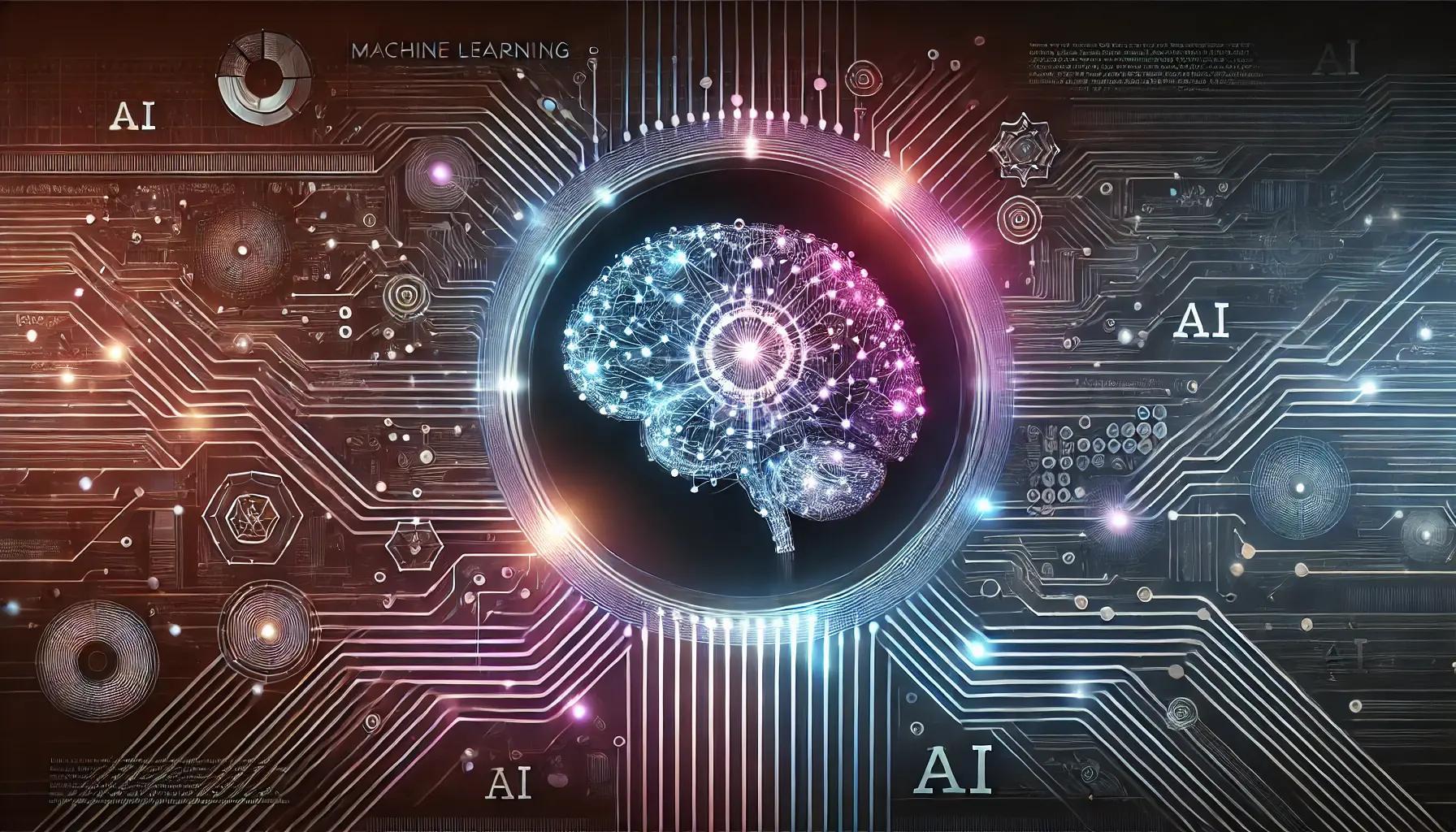 A digital brain surrounded by interconnected circuits and AI-driven nodes, glowing with data streams in a futuristic setting.