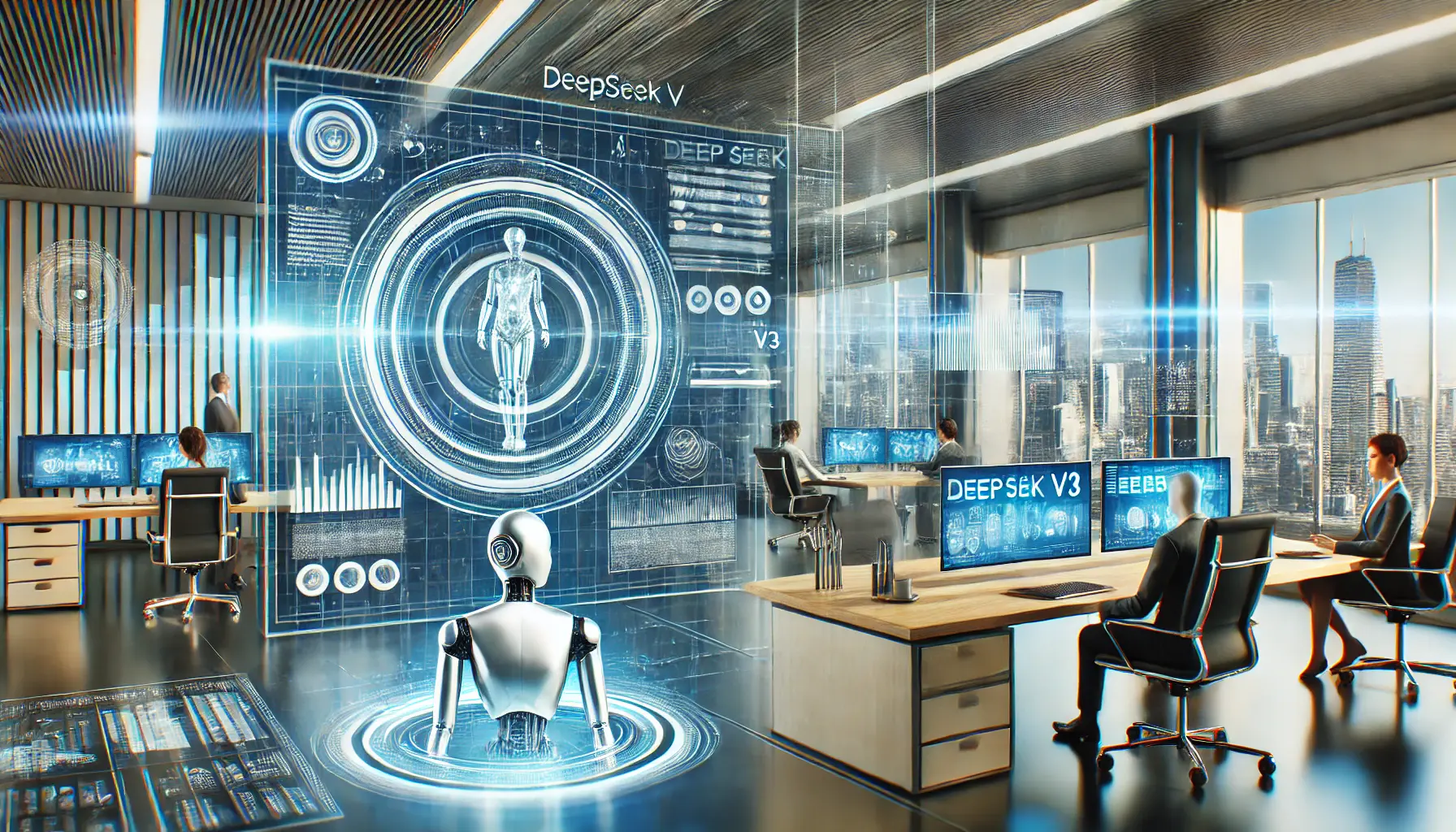 A high-tech corporate setting with AI-driven holographic interfaces and data visualizations.