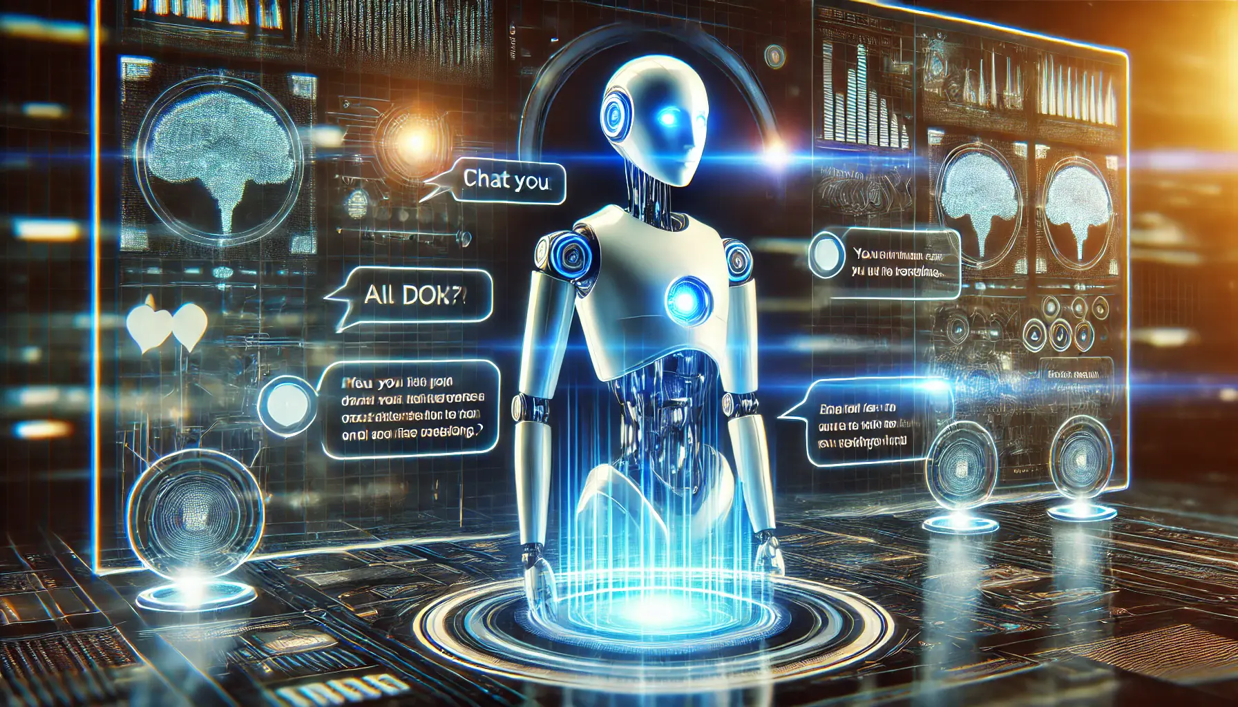 A high-tech digital interface displaying an AI-powered chatbot responding to multiple chat bubbles, with a glowing holographic figure representing artificial intelligence in a modern technology-driven environment.