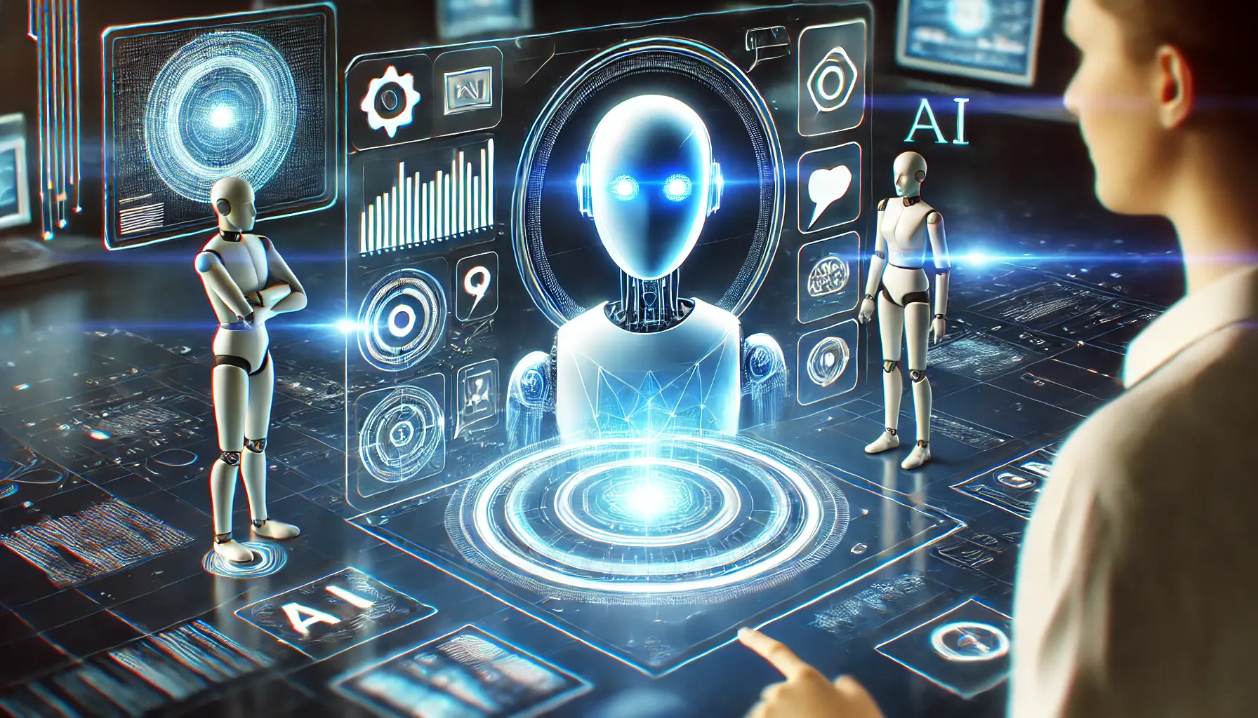 A high-tech virtual assistant with holographic UI elements interacting with users in a futuristic digital environment.