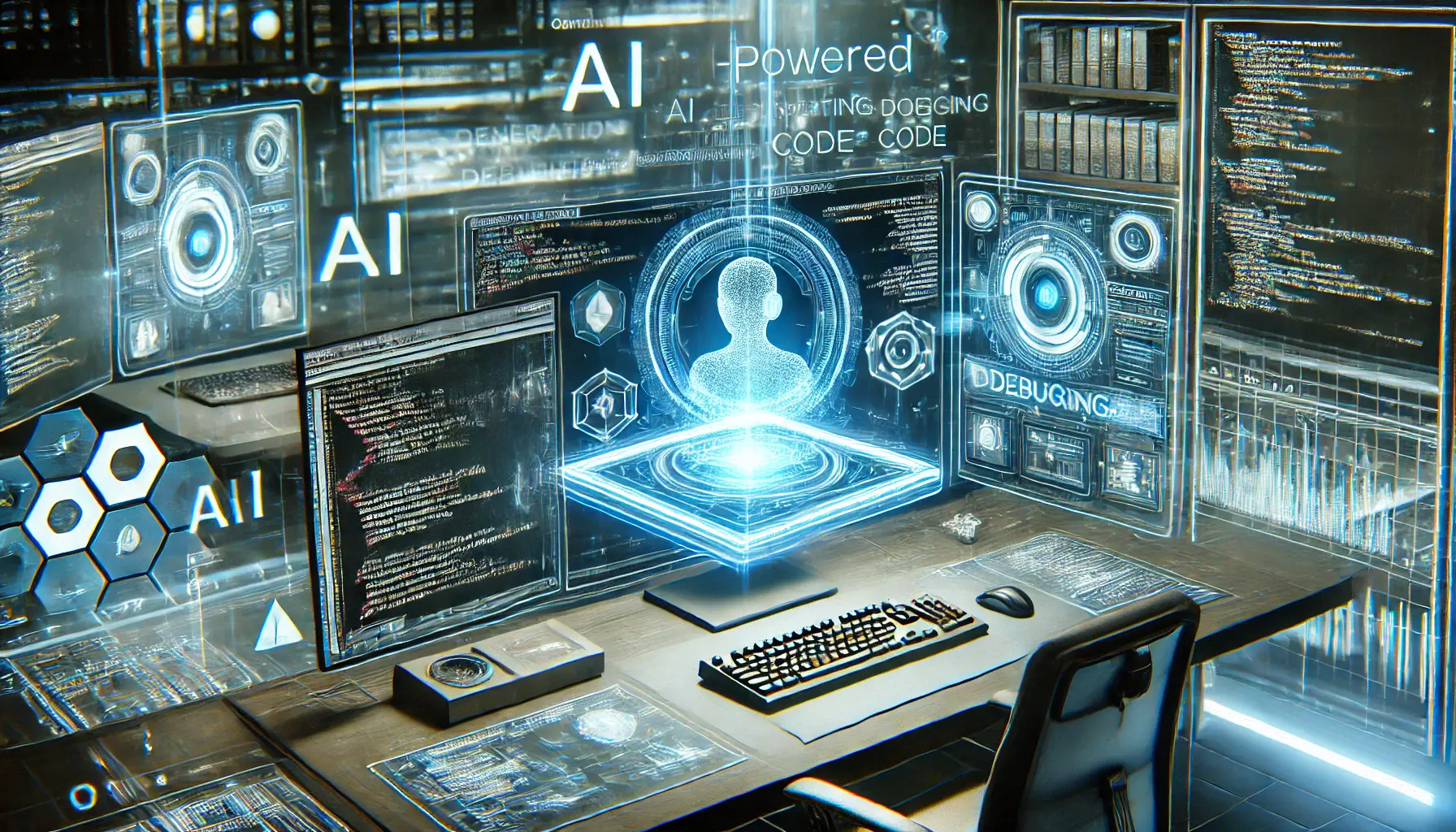 A high-tech AI-powered workstation with holographic displays generating and debugging complex programming code.