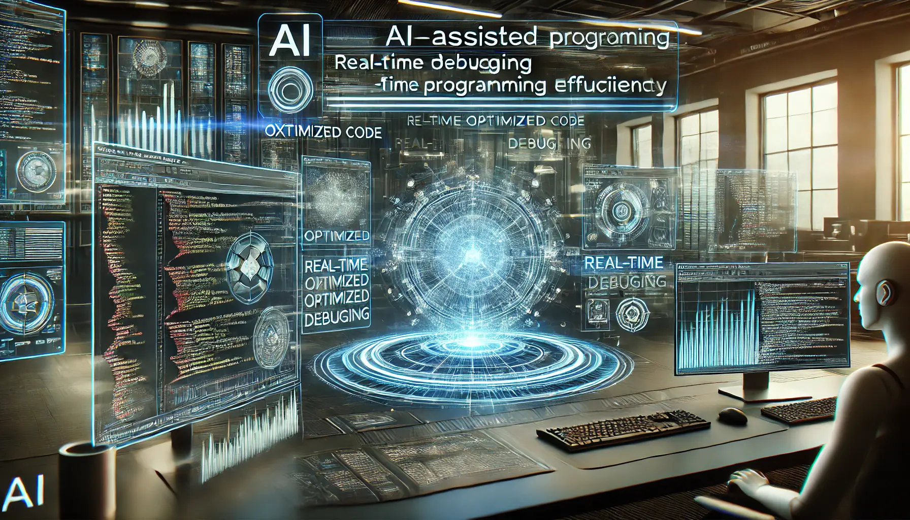 A high-tech AI-assisted coding environment with multiple holographic displays showing optimized code, real-time debugging, and AI-generated programming solutions.