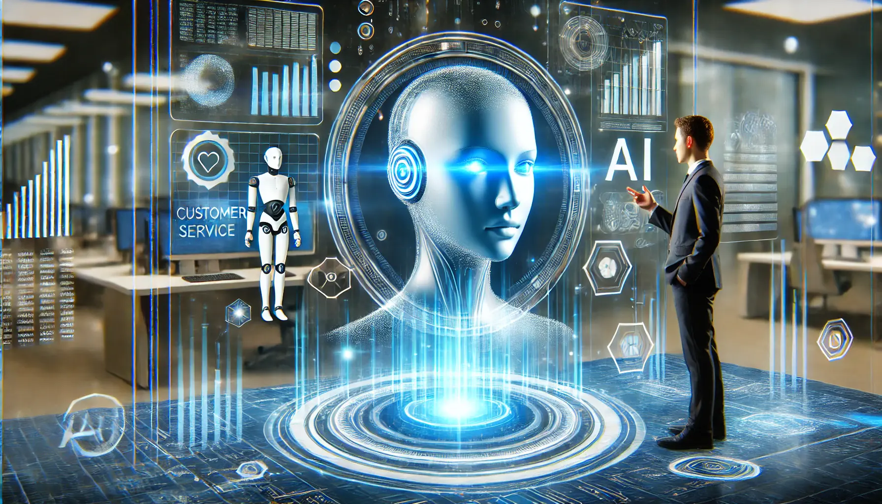 A glowing blue AI-powered digital assistant interacting with a human through a high-tech virtual screen, surrounded by data streams and futuristic UI elements in a corporate setting.