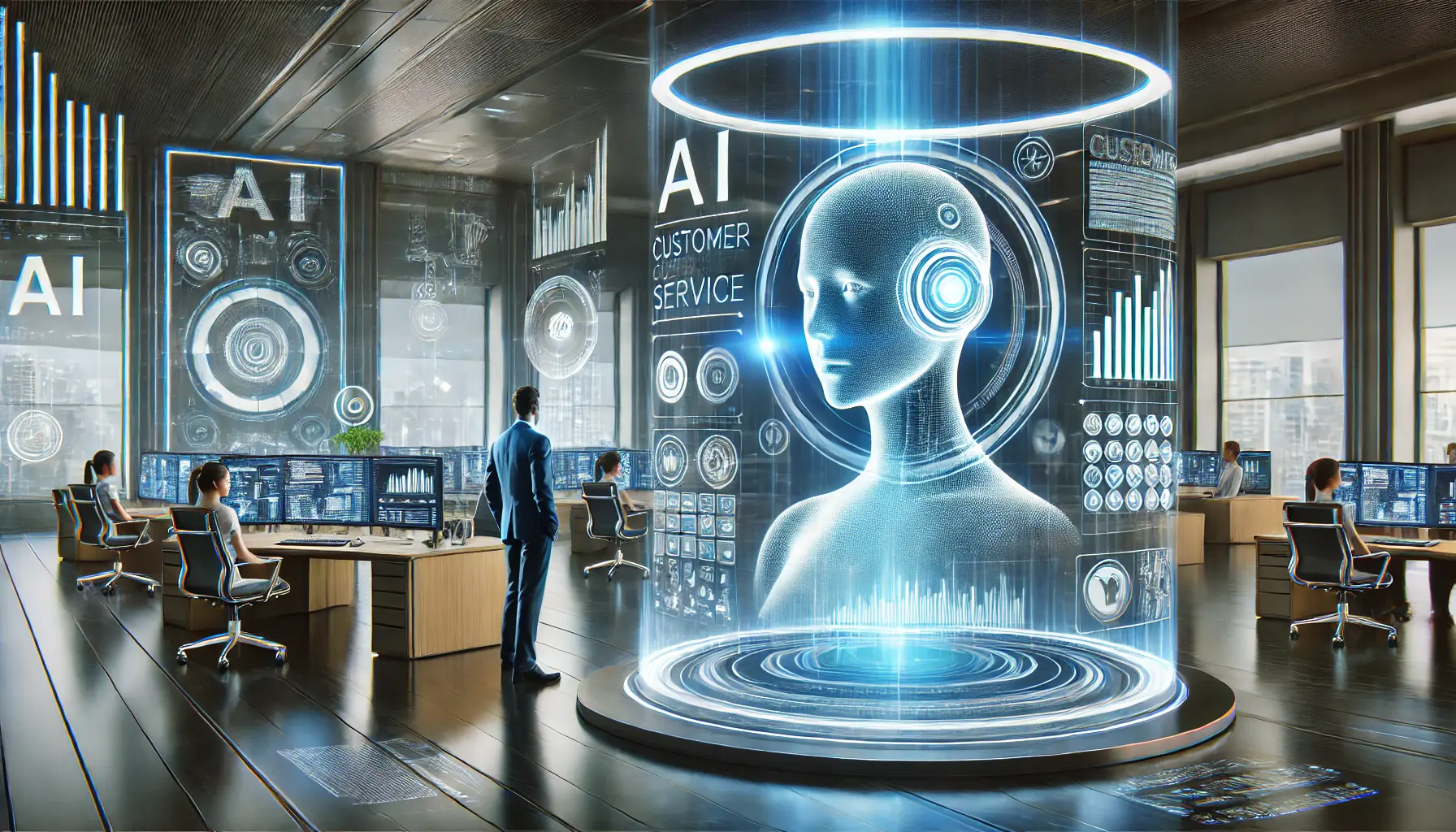 A holographic AI interface assisting a business professional in a futuristic office environment.