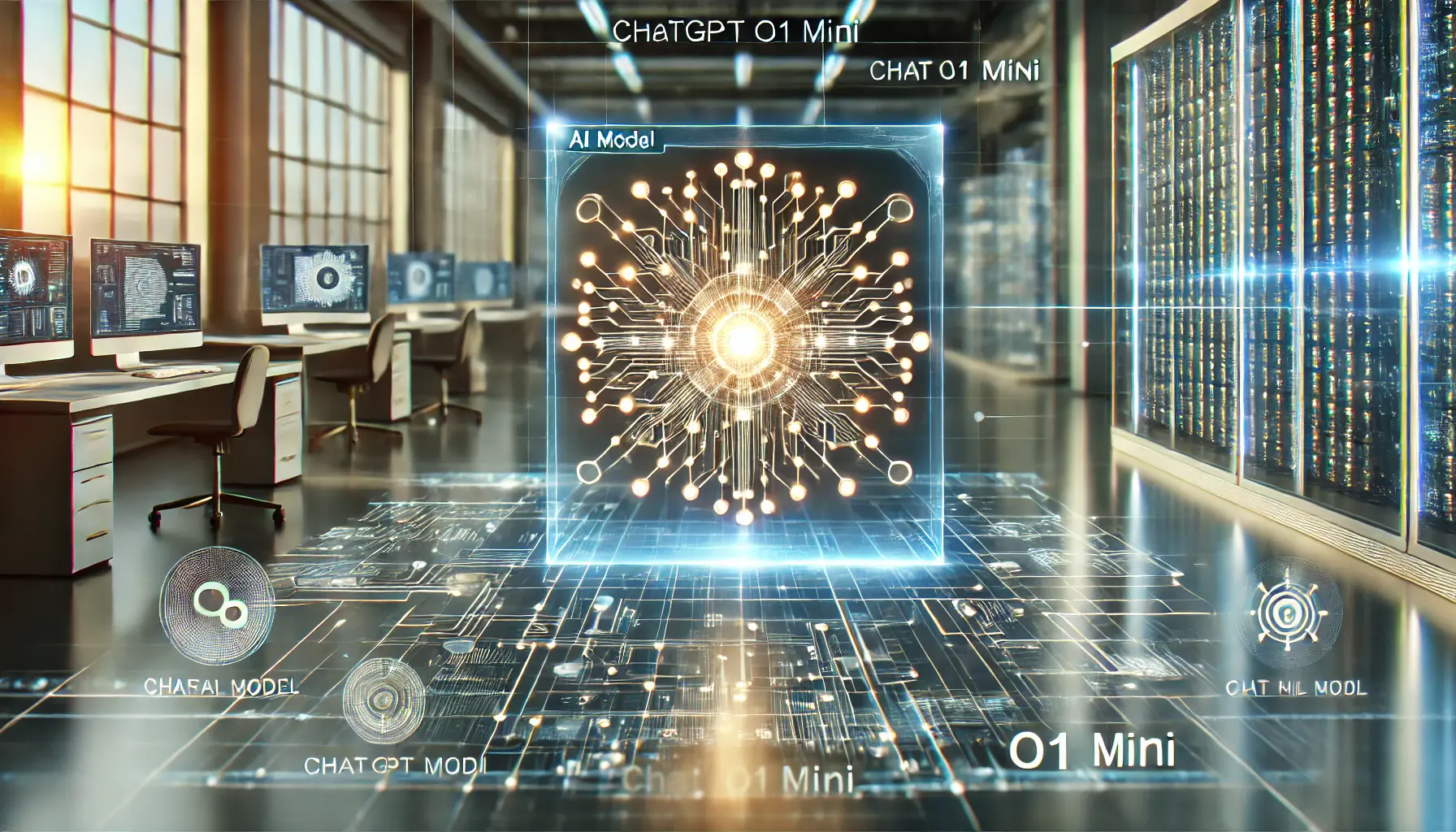 A futuristic AI-powered interface showcasing an advanced neural processing unit with interconnected data points in a high-tech laboratory setting.