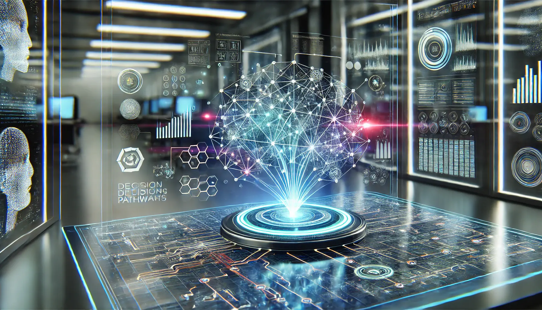 A futuristic AI-powered analytical interface with a digital assistant evaluating decision pathways, probabilities, and logical sequences on a holographic display.