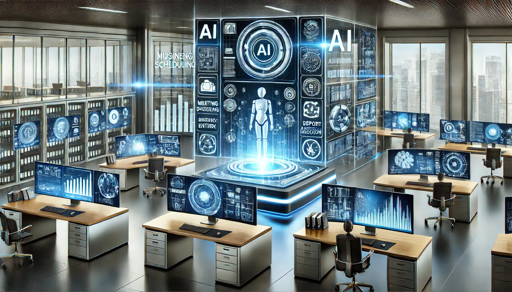 A high-tech AI-powered office environment with digital displays representing AI-driven tasks such as meeting scheduling, data entry, and report generation.